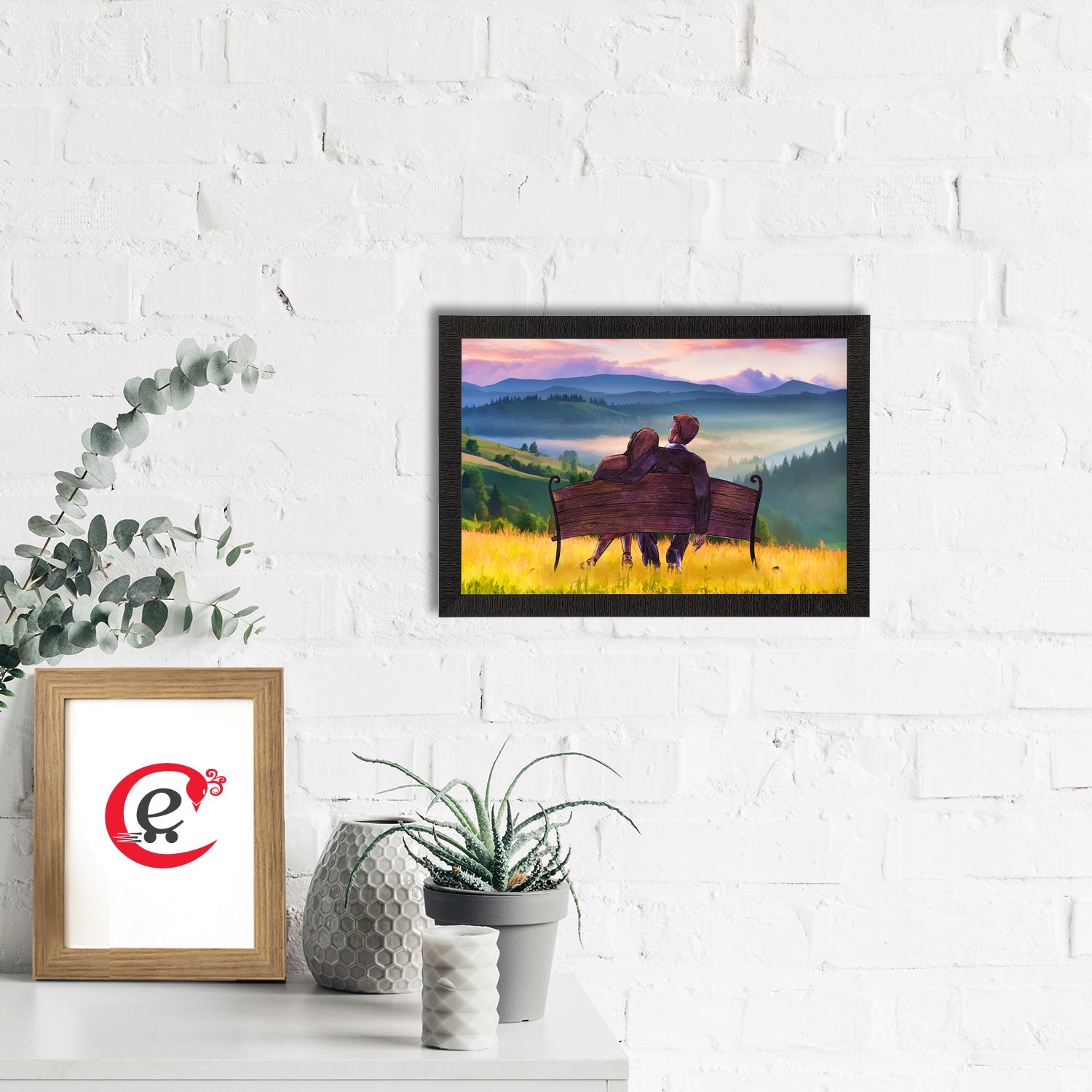 Couple Sitting on Bench and viewing Mountains Love Theme Satin Matt Texture UV Art Painting Kafalo