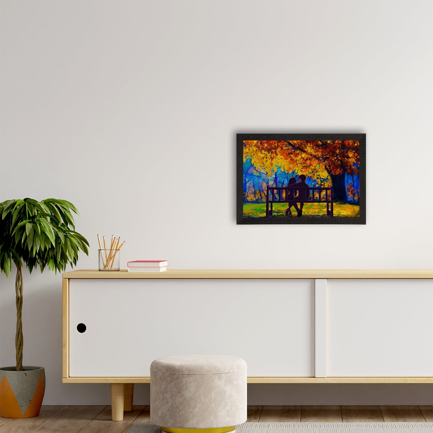 Romantic Couple Sitting on Bench Valentine Theme Satin Matt Texture UV Art Painting Kafalo