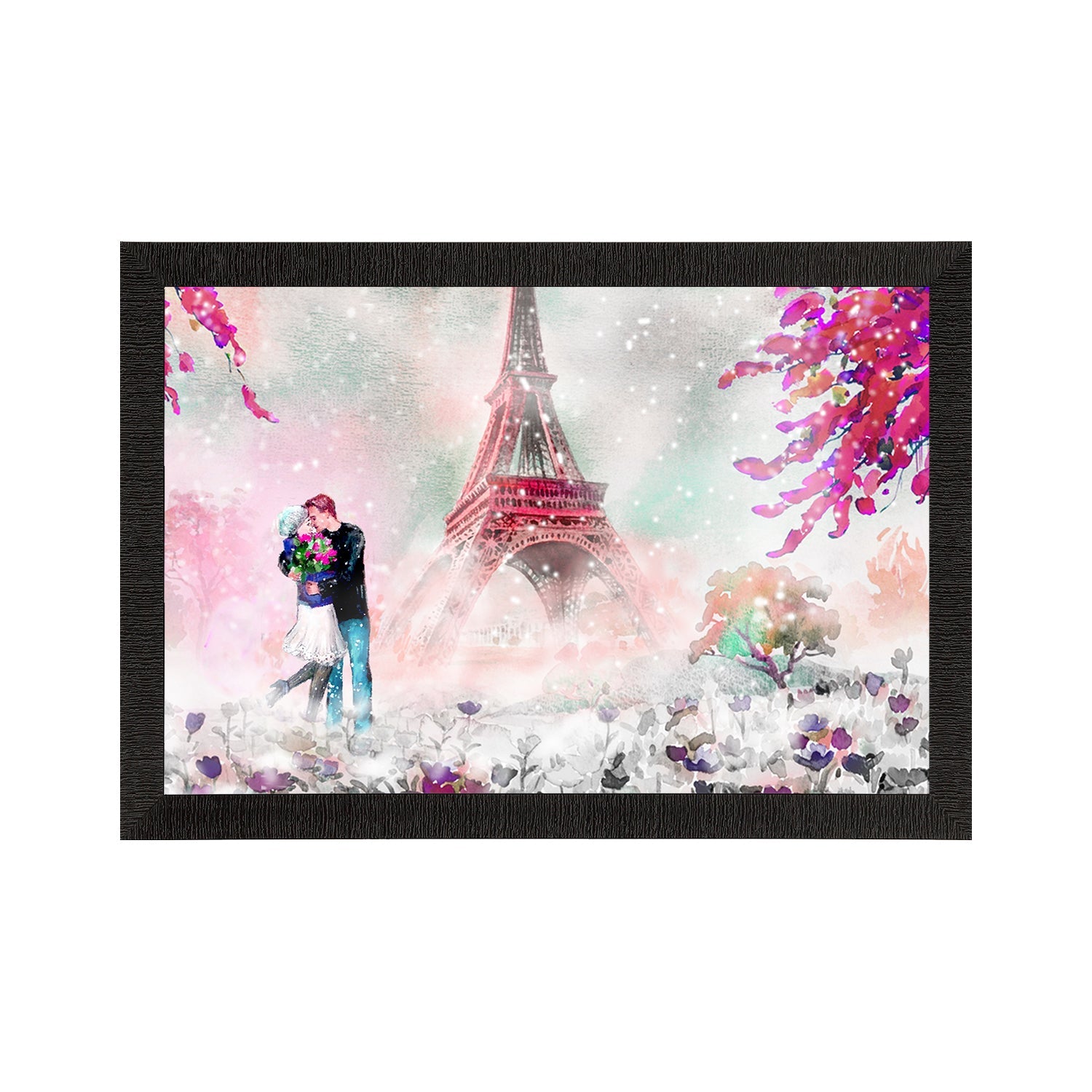 Kissing Romantic Couple In Front of Eiffel Tower Valentine Theme Satin Matt Texture UV Art Painting Kafalo