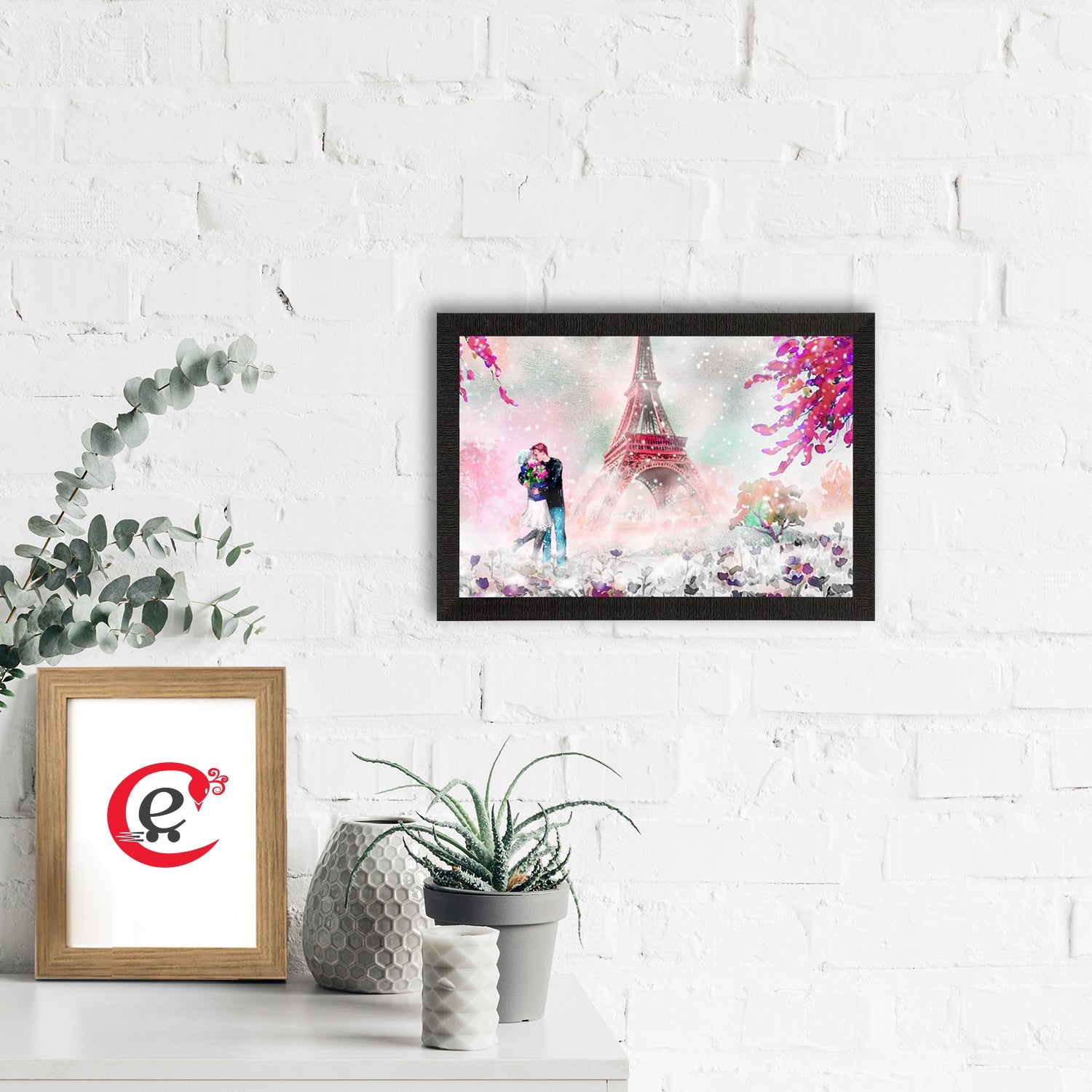 Kissing Romantic Couple In Front of Eiffel Tower Valentine Theme Satin Matt Texture UV Art Painting Kafalo