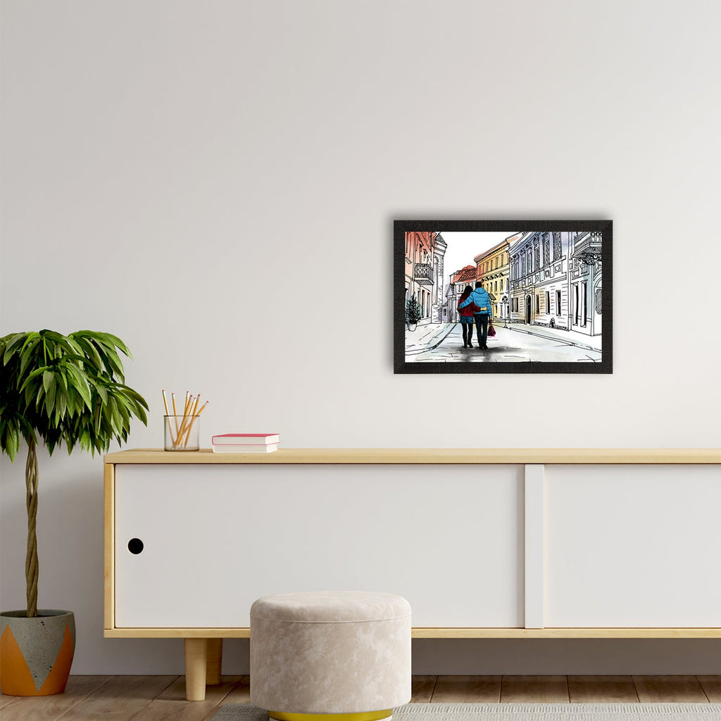 Romantic Couple Walking on Streets Valentine Theme Satin Matt Texture UV Art Painting Kafalo