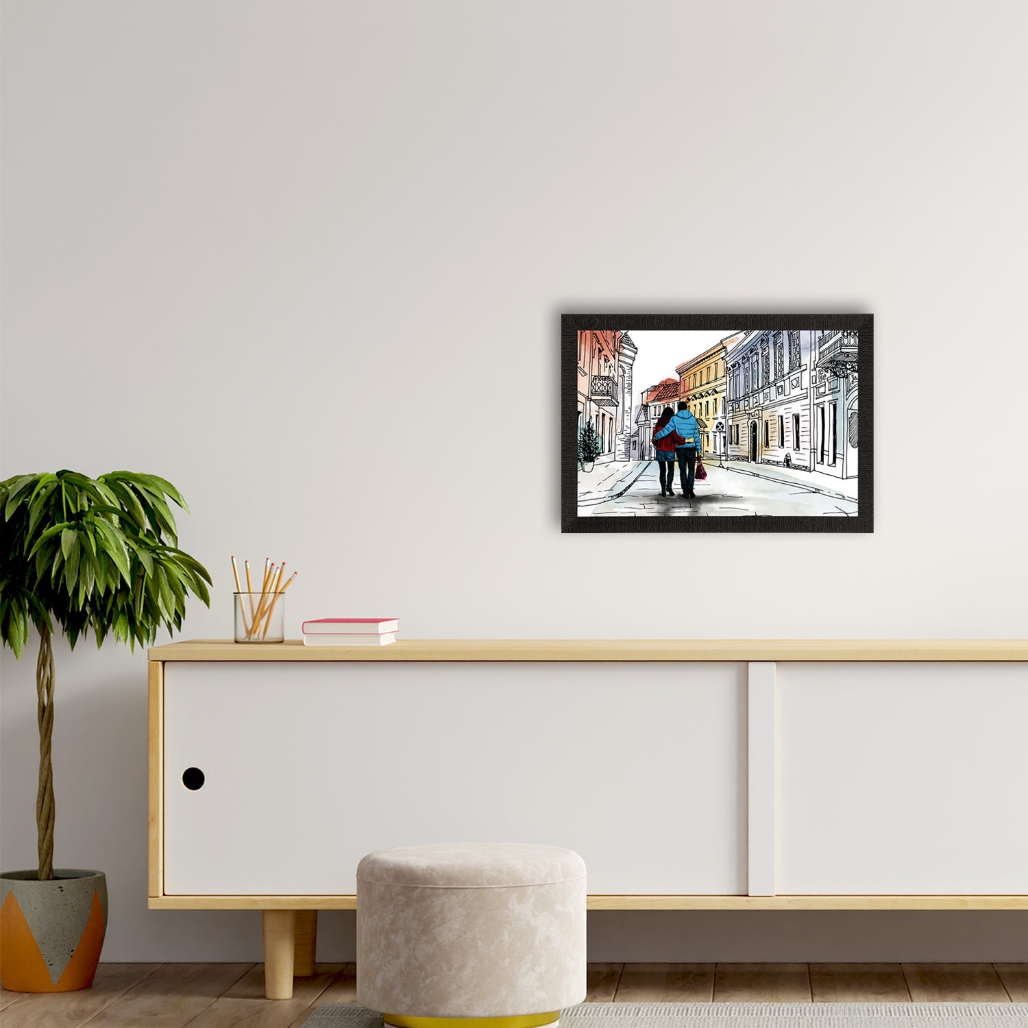 Romantic Couple Walking on Streets Valentine Theme Satin Matt Texture UV Art Painting Kafalo