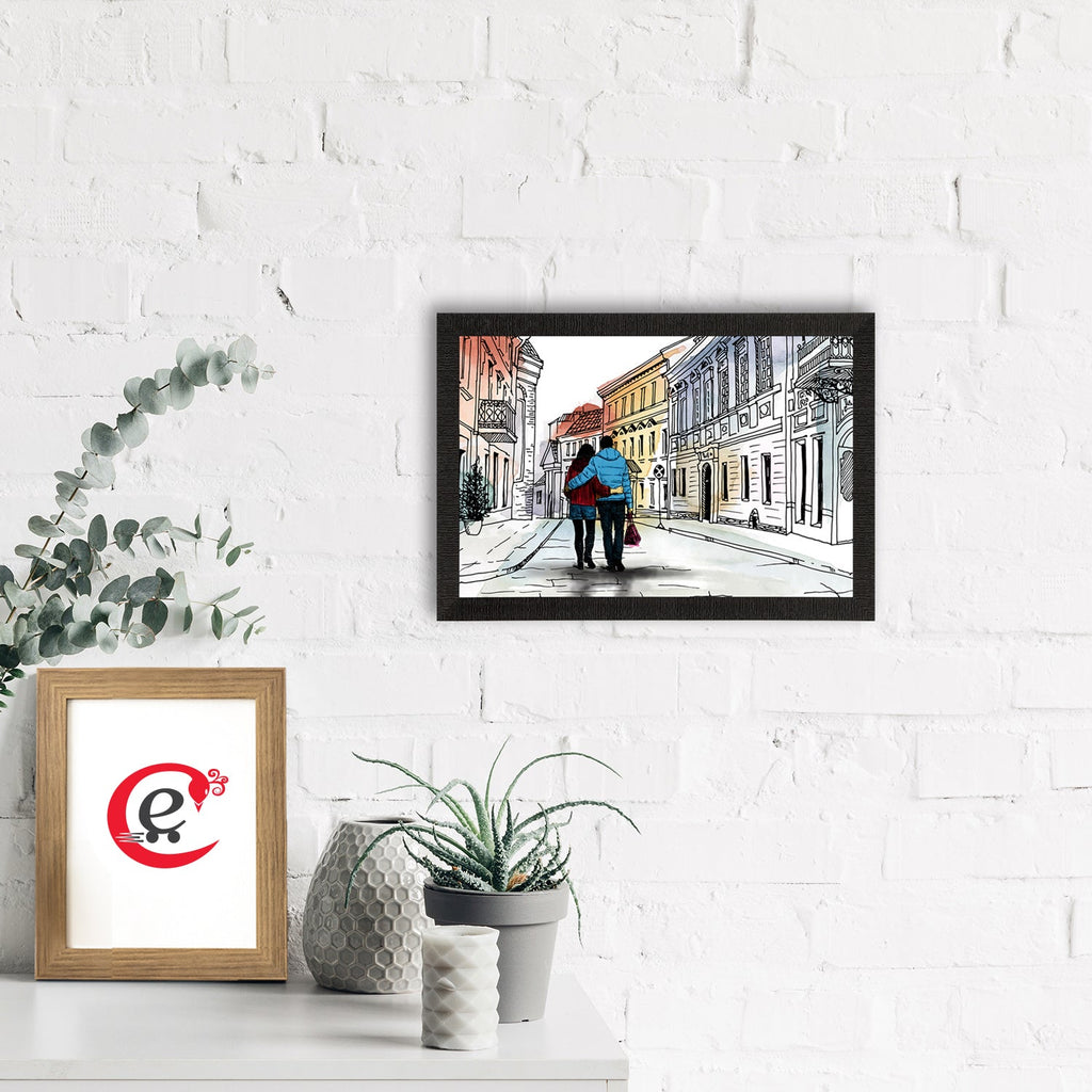 Romantic Couple Walking on Streets Valentine Theme Satin Matt Texture UV Art Painting Kafalo