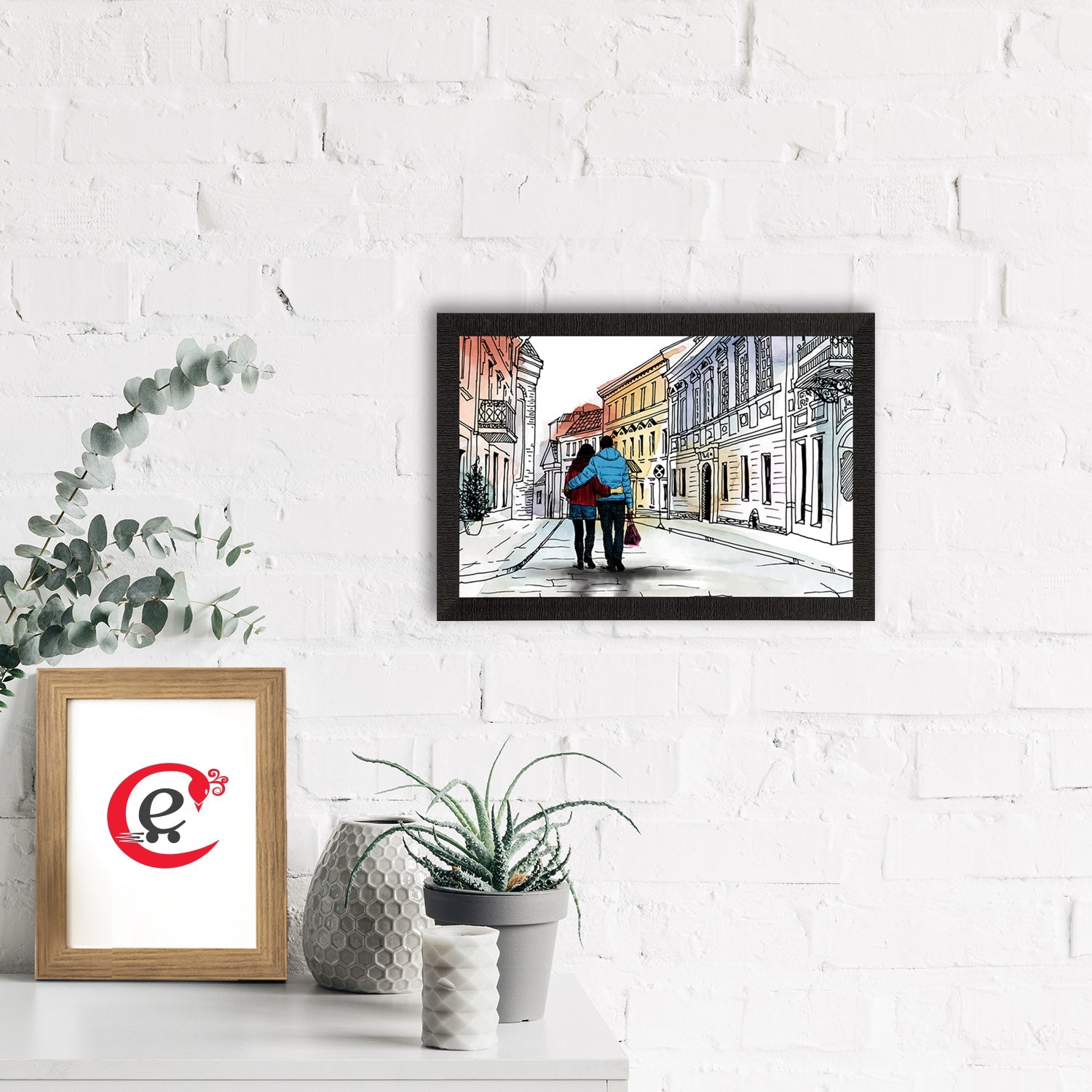 Romantic Couple Walking on Streets Valentine Theme Satin Matt Texture UV Art Painting Kafalo