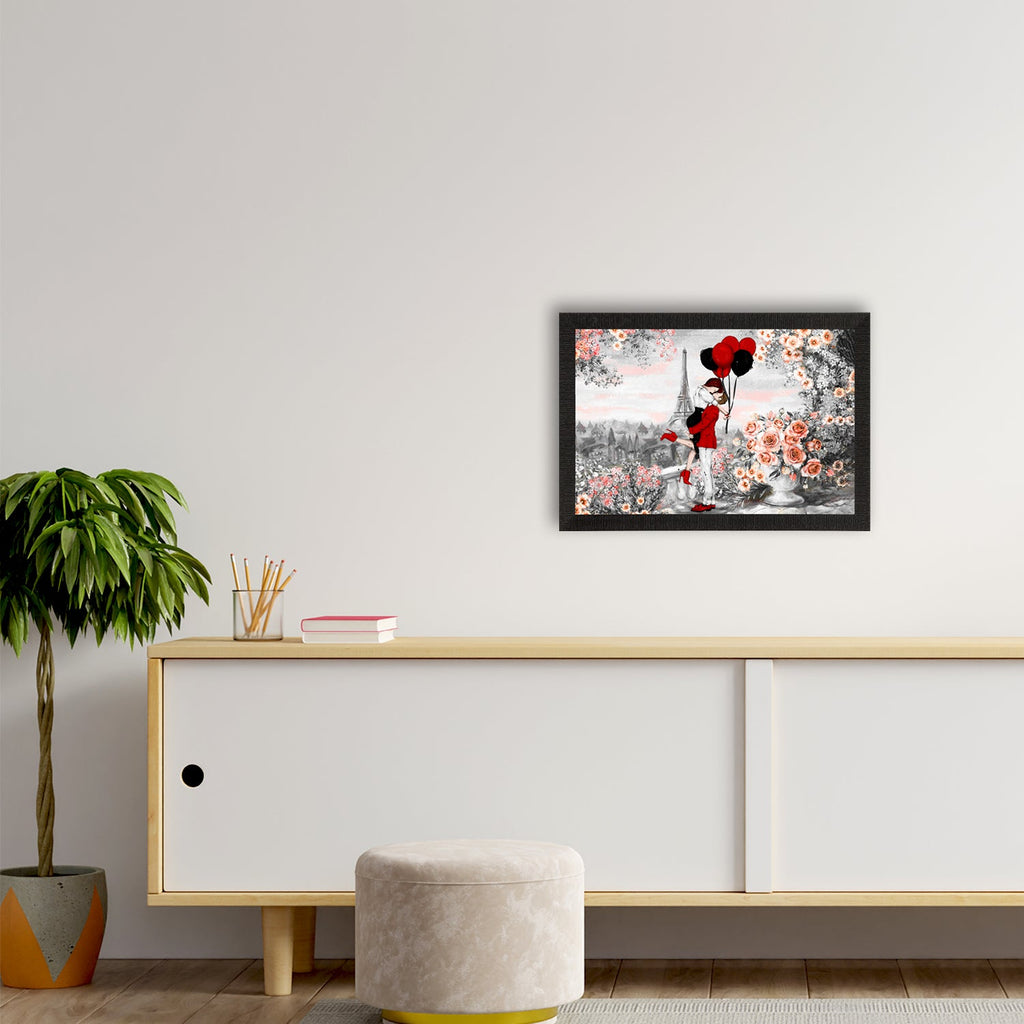 Kissing Romantic Couple In Front of Eiffel Tower Valentine Theme Satin Matt Texture UV Art Painting Kafalo