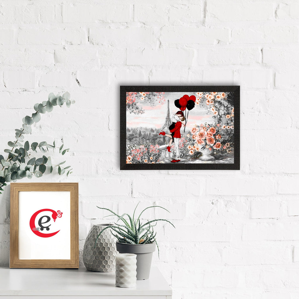 Kissing Romantic Couple In Front of Eiffel Tower Valentine Theme Satin Matt Texture UV Art Painting Kafalo