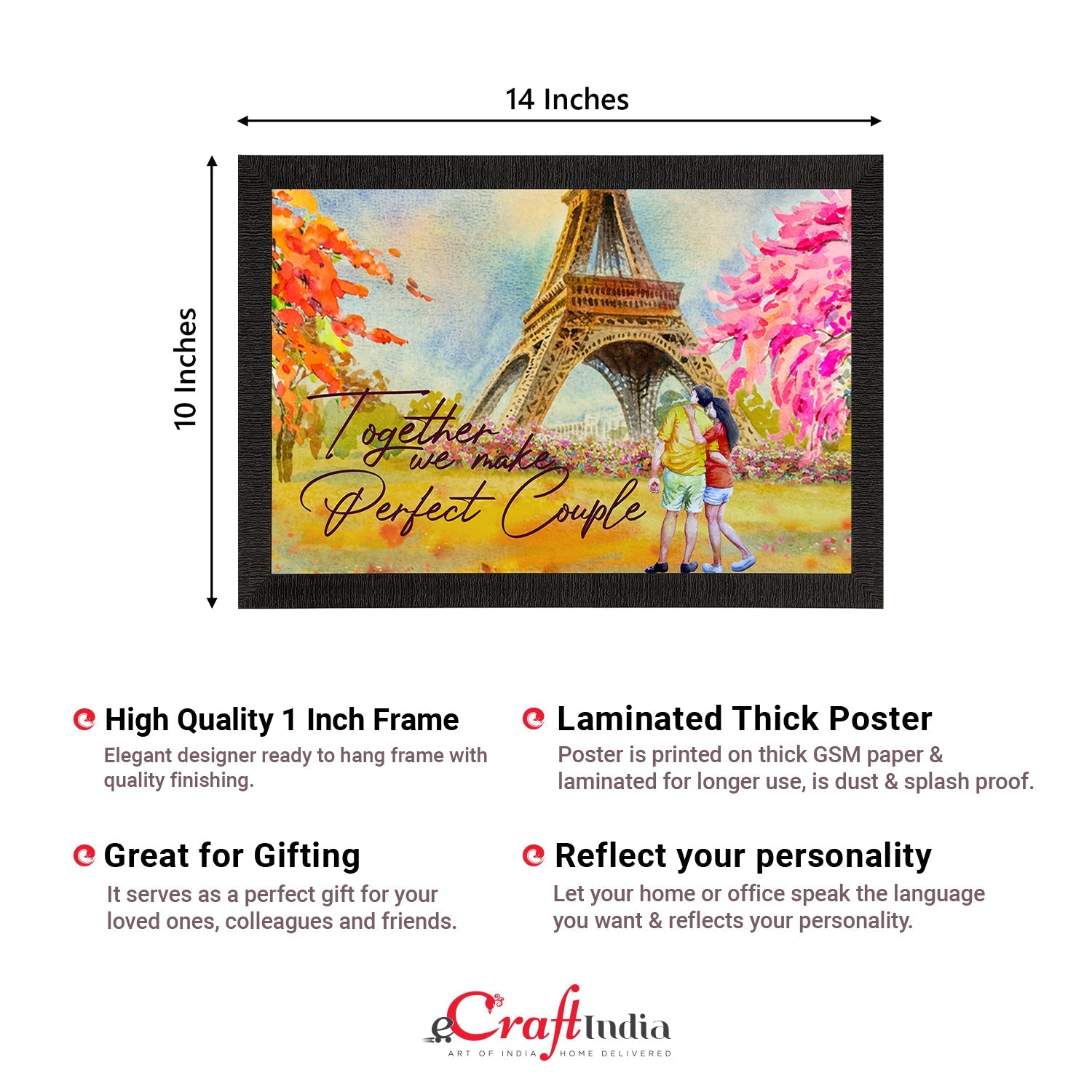 "Together we make Perfect Couple"  Romantic Couple in front of Eiffel Tower Love Theme Satin Matt Texture UV Art Painting Kafalo