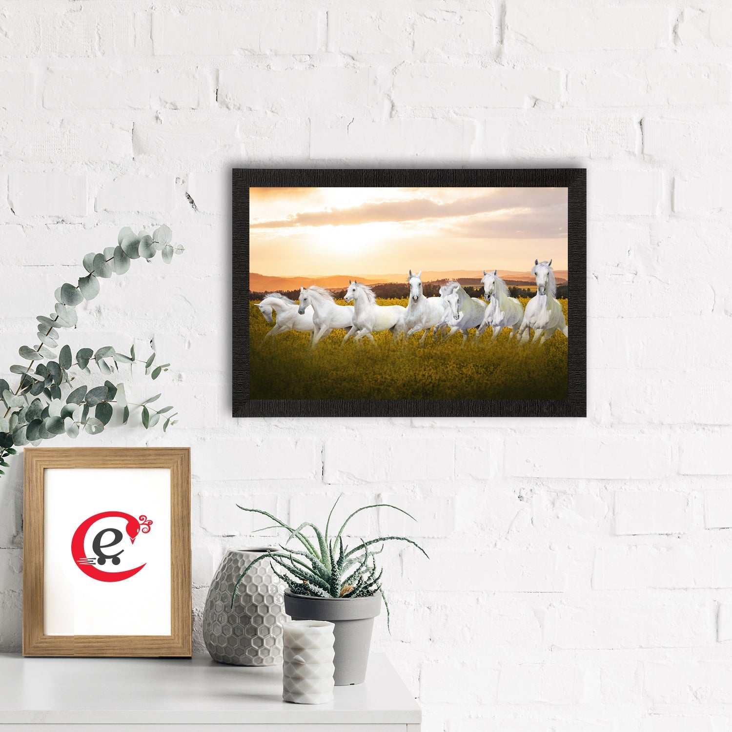 7 White Running Horses Painting Digital Printed Animal Wall Art Kafalo
