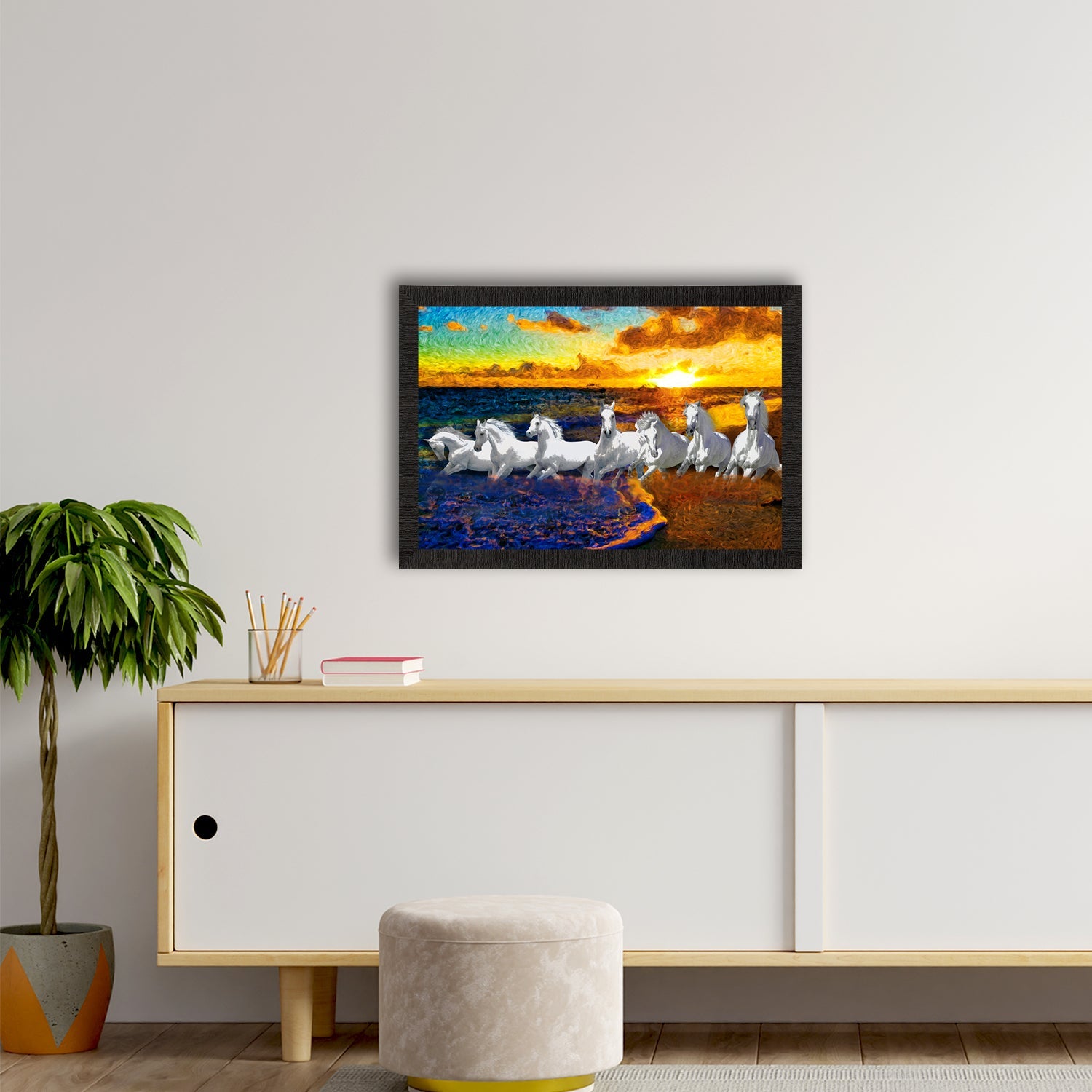 7 White Running Horses Painting Digital Printed Animal Wall Art Kafalo