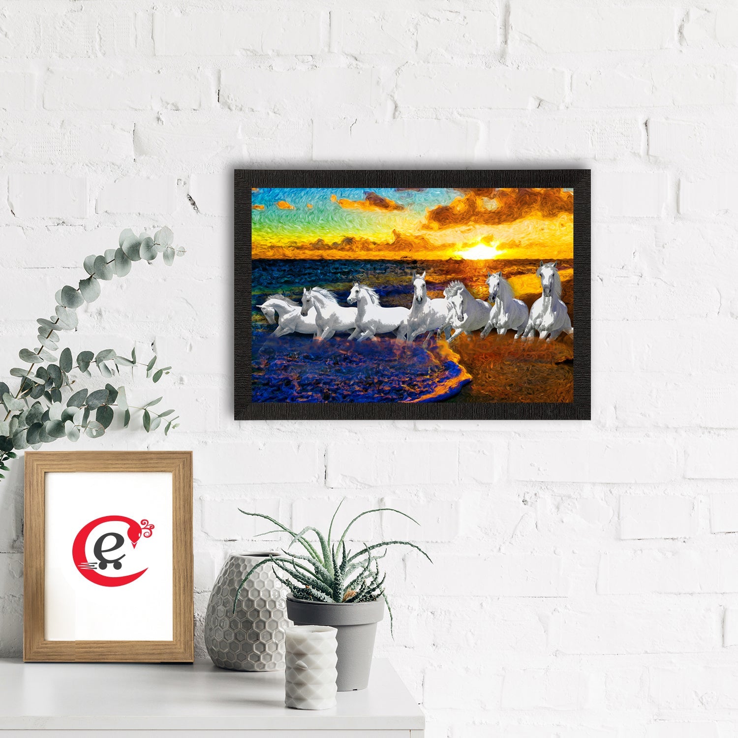 7 White Running Horses Painting Digital Printed Animal Wall Art Kafalo