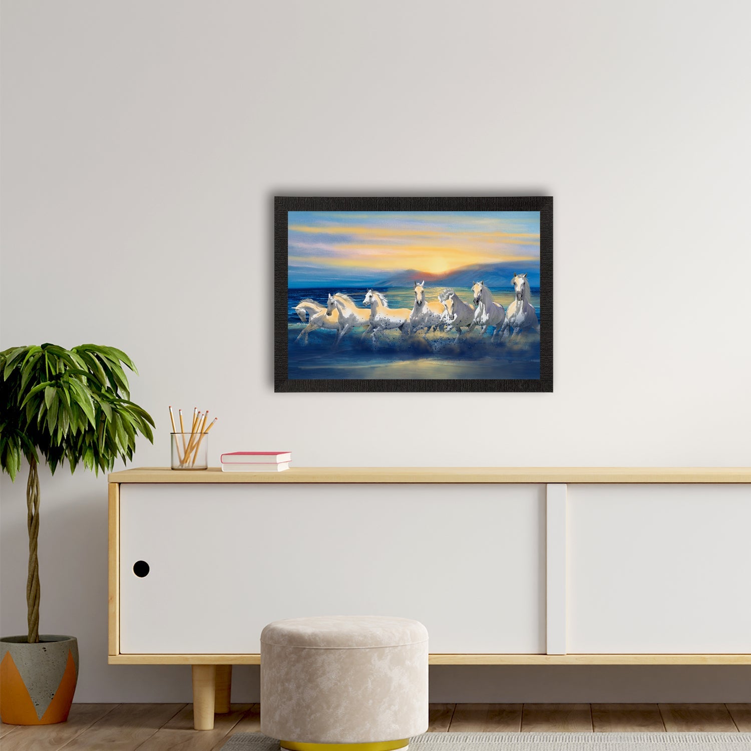 7 White Running Horses Painting Digital Printed Animal Wall Art Kafalo