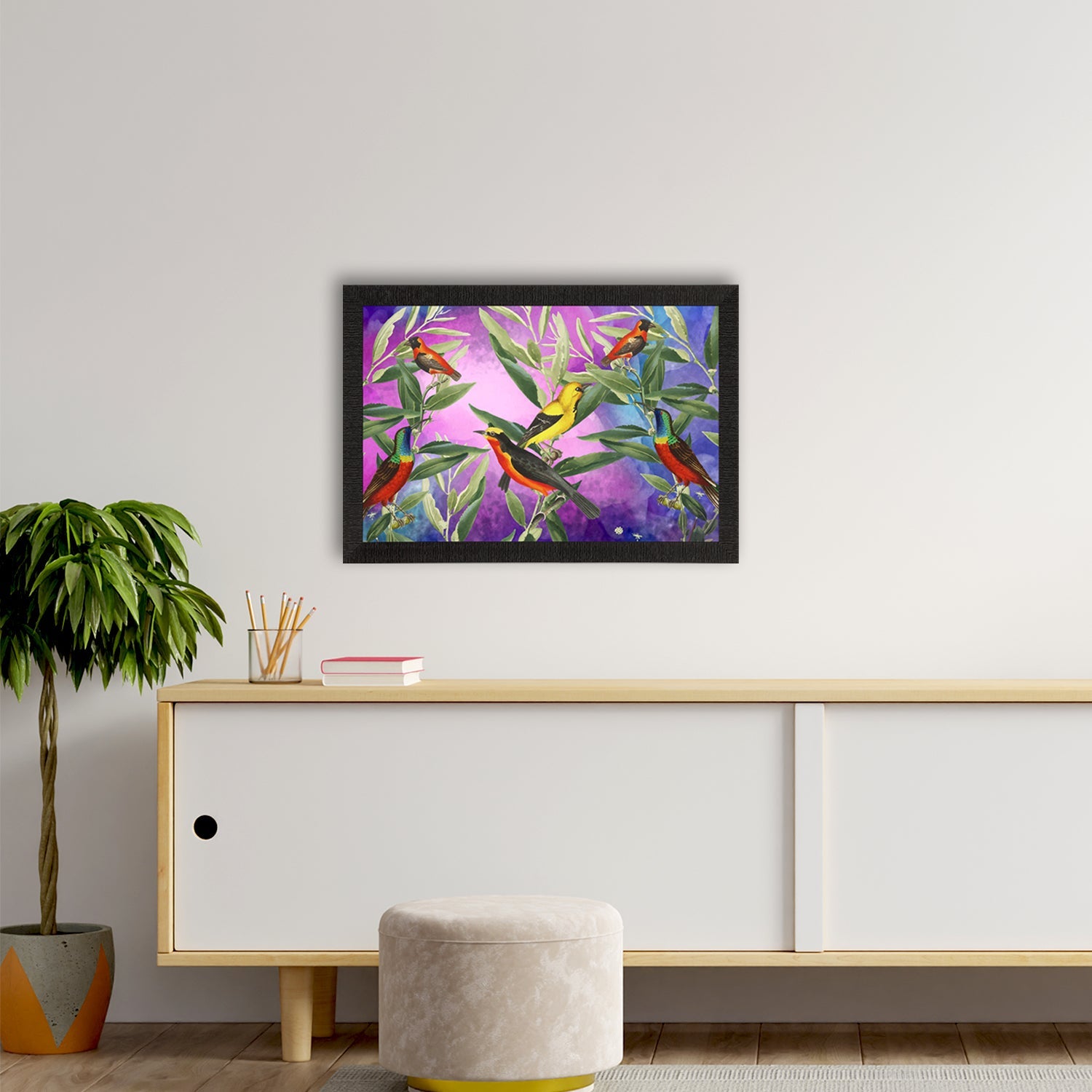 Colorful Birds Sitting on Tree Branch Satin Matt Texture UV Art Painting Kafalo