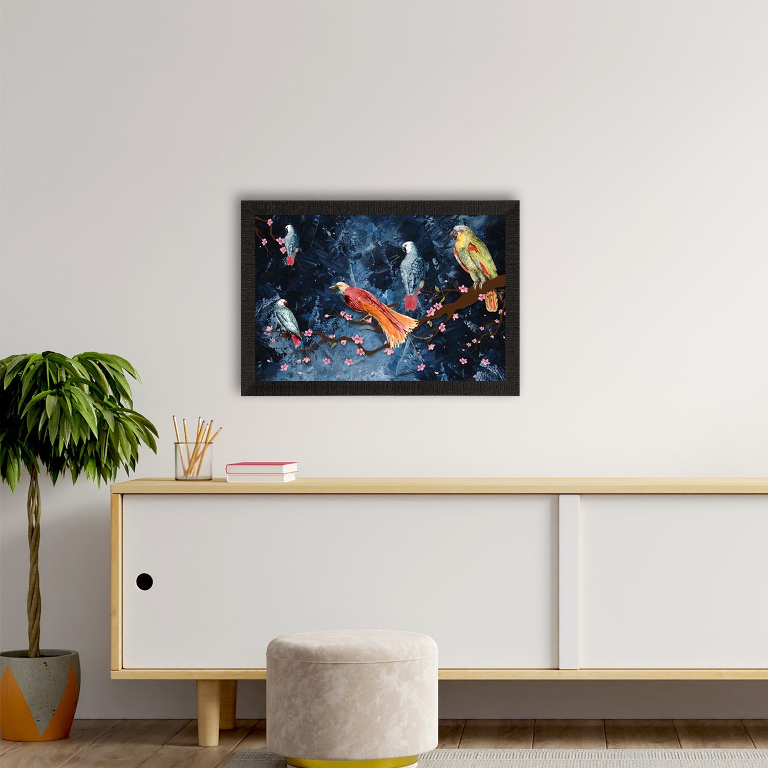 Colorful Birds Sitting on Tree Branch Satin Matt Texture UV Art Painting Kafalo