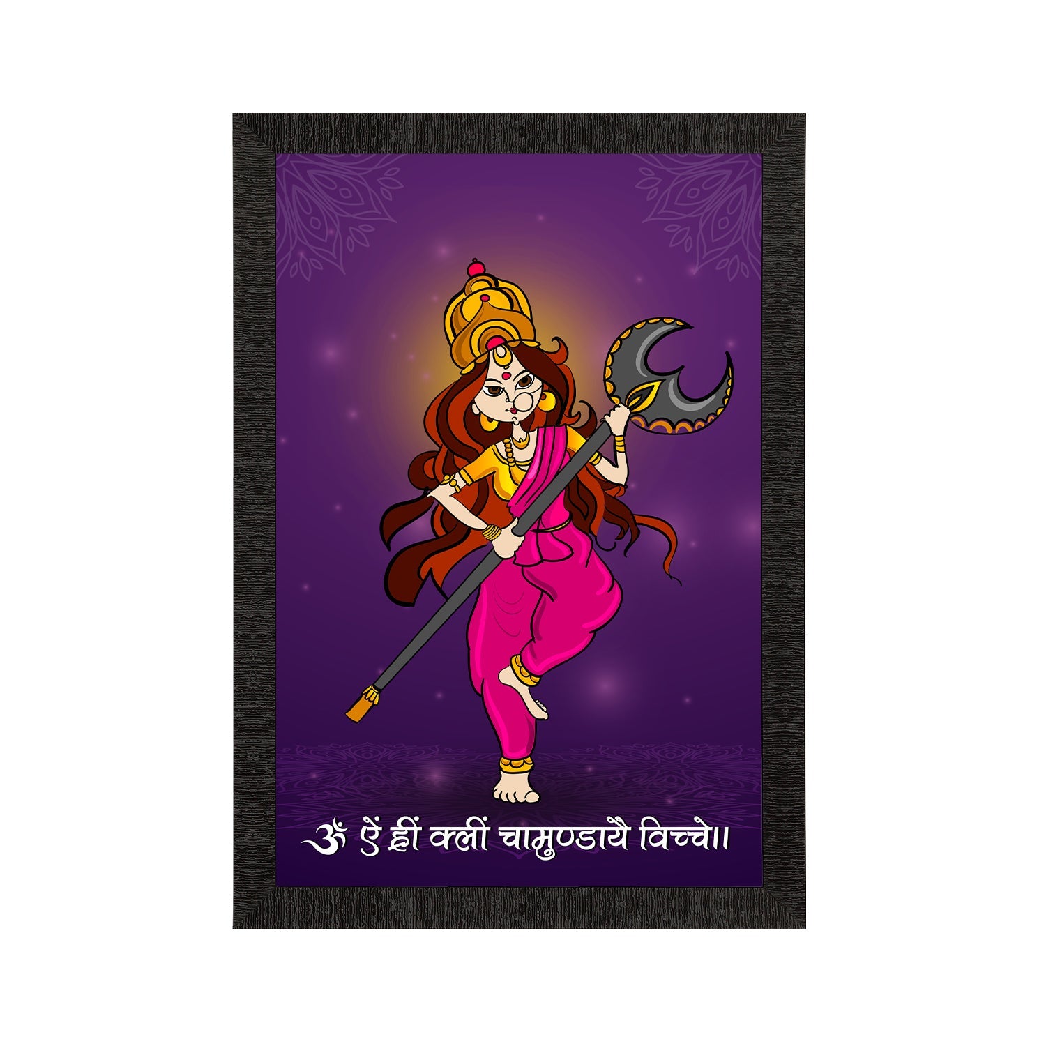 Durga Maa Painting With Om Aim Hrim Klim Chamundaye Viche Mantra Digital Printed Religious Wall Art Kafalo