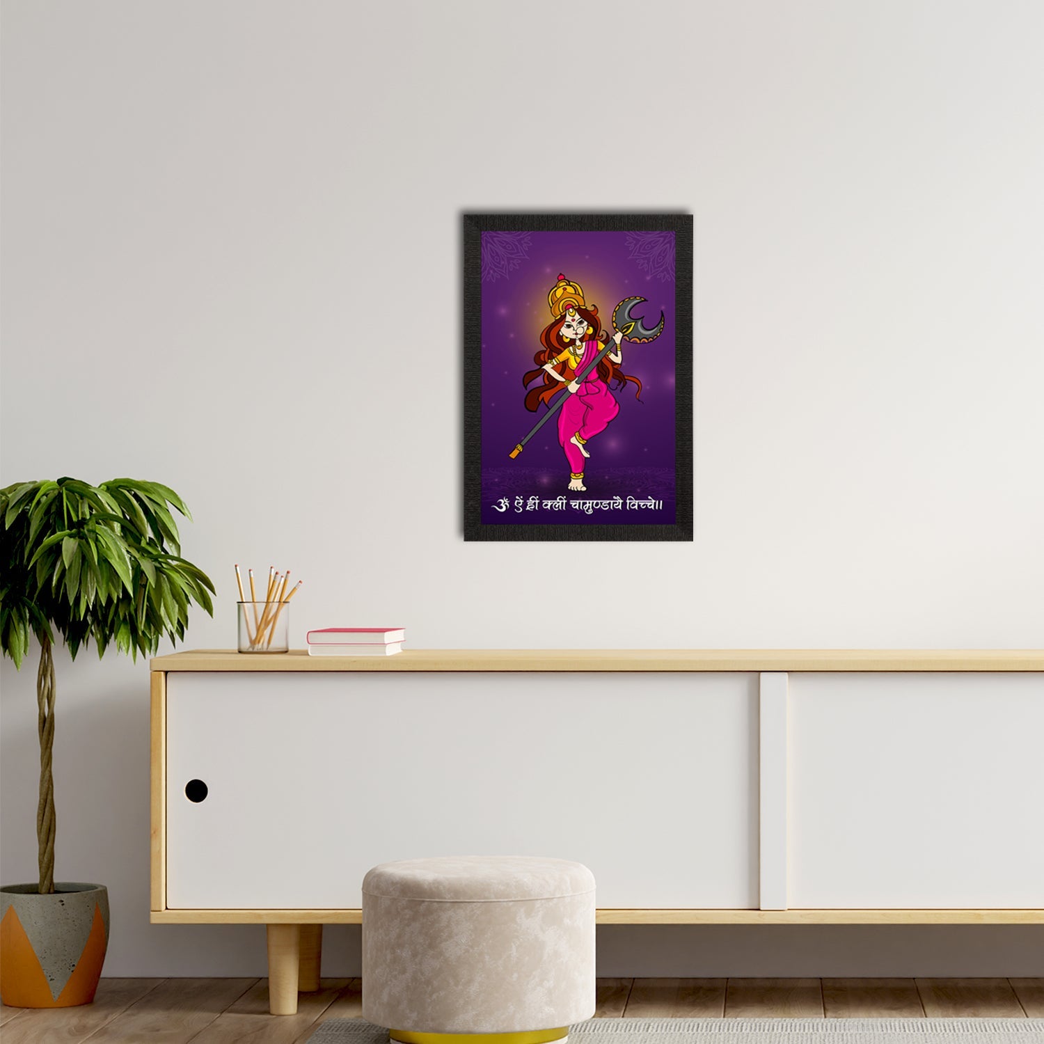 Durga Maa Painting With Om Aim Hrim Klim Chamundaye Viche Mantra Digital Printed Religious Wall Art Kafalo