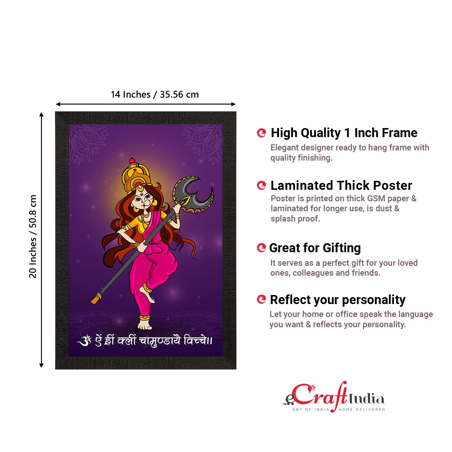 Durga Maa Painting With Om Aim Hrim Klim Chamundaye Viche Mantra Digital Printed Religious Wall Art Kafalo