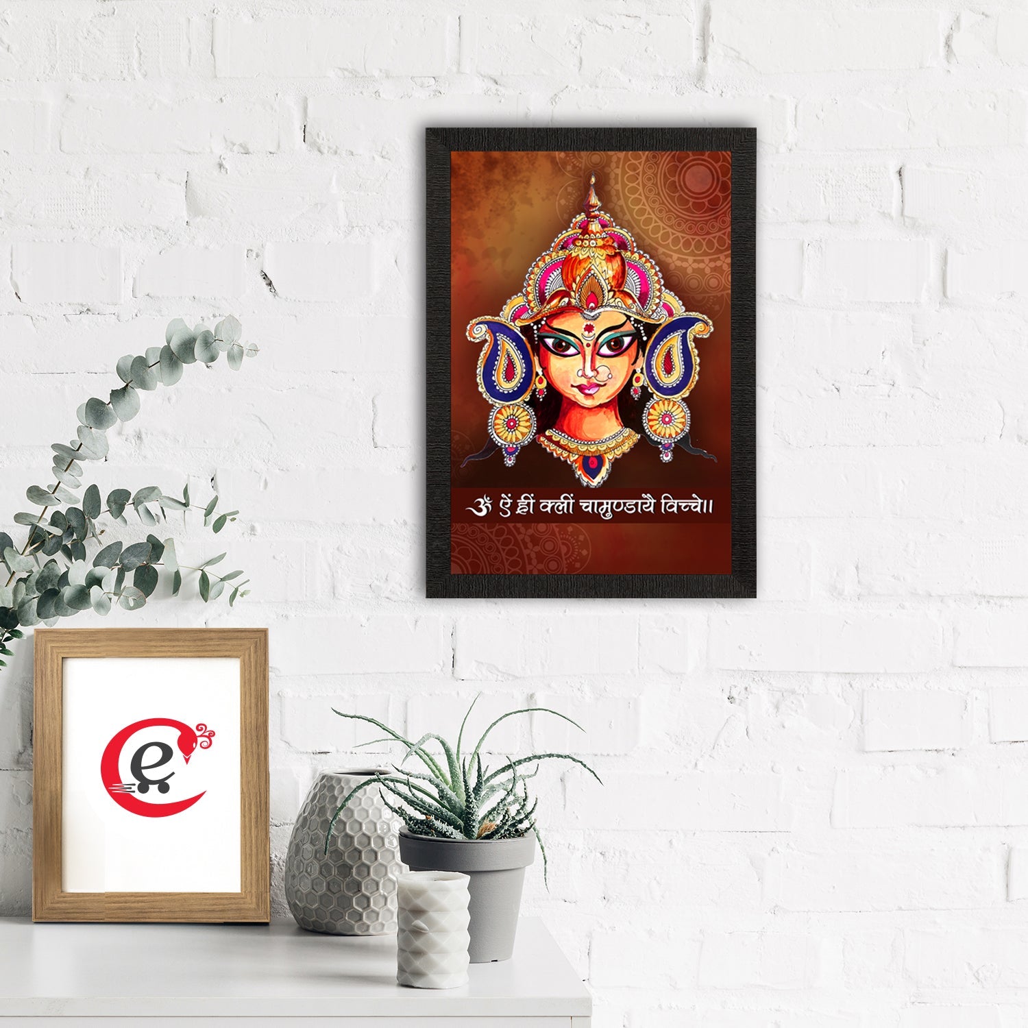 Durga Maa Painting With Om Aim Hrim Klim Chamundaye Viche Mantra Digital Printed Religious Wall Art Kafalo