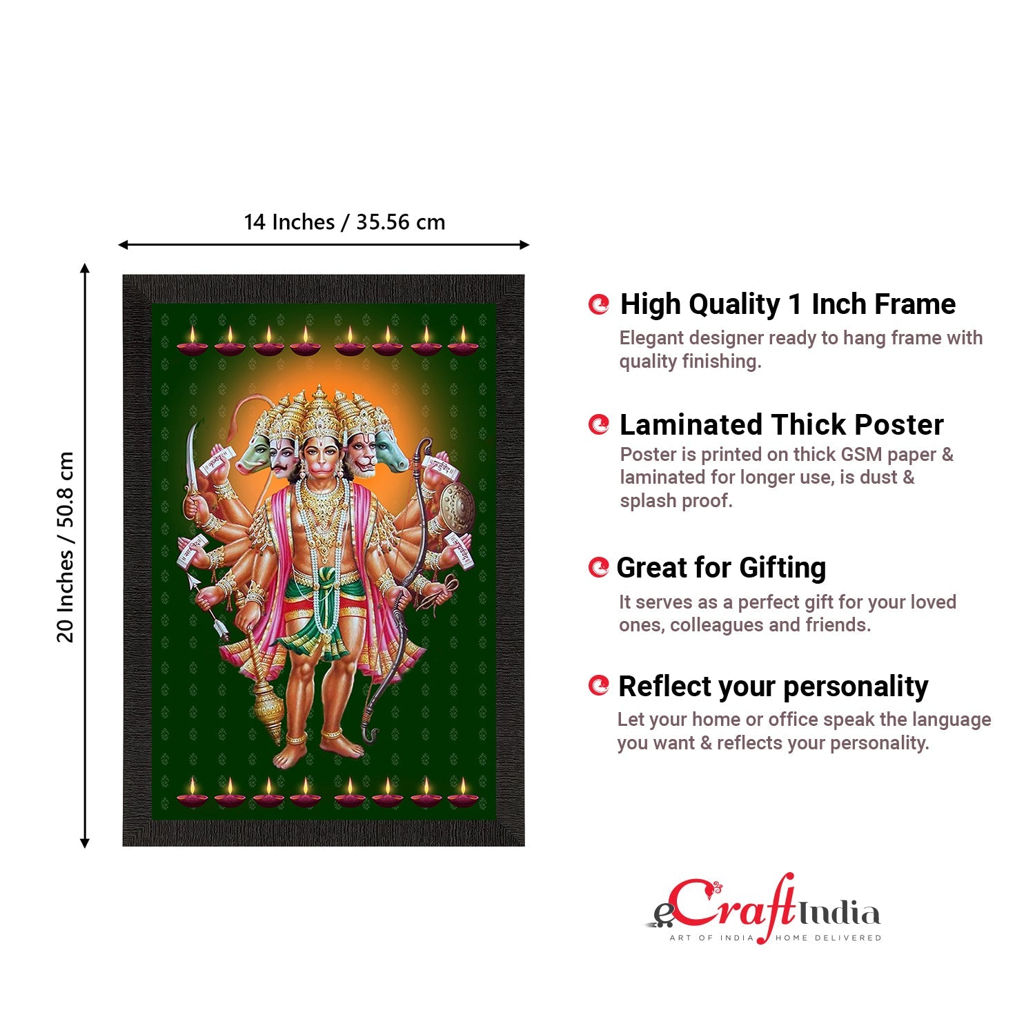 Panch Mukhi Lord Hanuman Satin Matt Texture UV Art Painting Kafalo