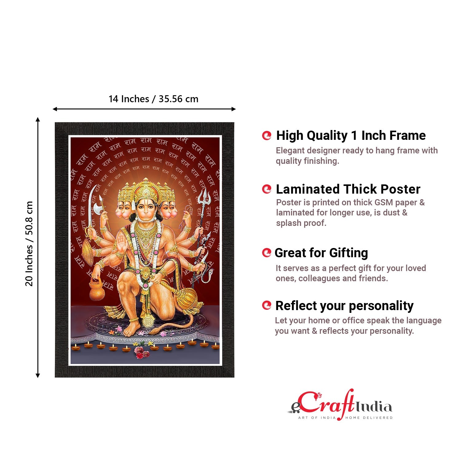 Panch Mukhi Lord Hanuman Satin Matt Texture UV Art Painting Kafalo