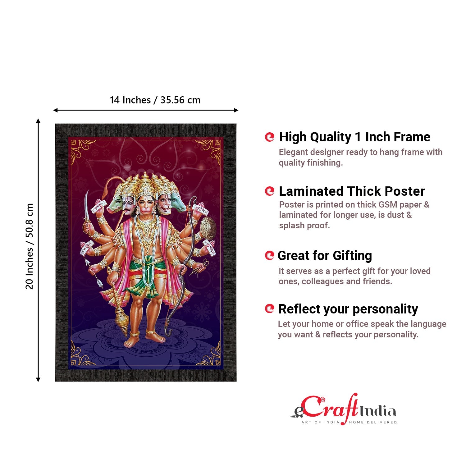 Panch Mukhi Lord Hanuman Satin Matt Texture UV Art Painting Kafalo