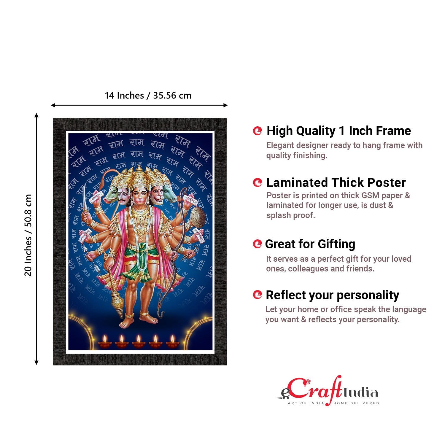 Panch Mukhi Lord Hanuman Satin Matt Texture UV Art Painting Kafalo