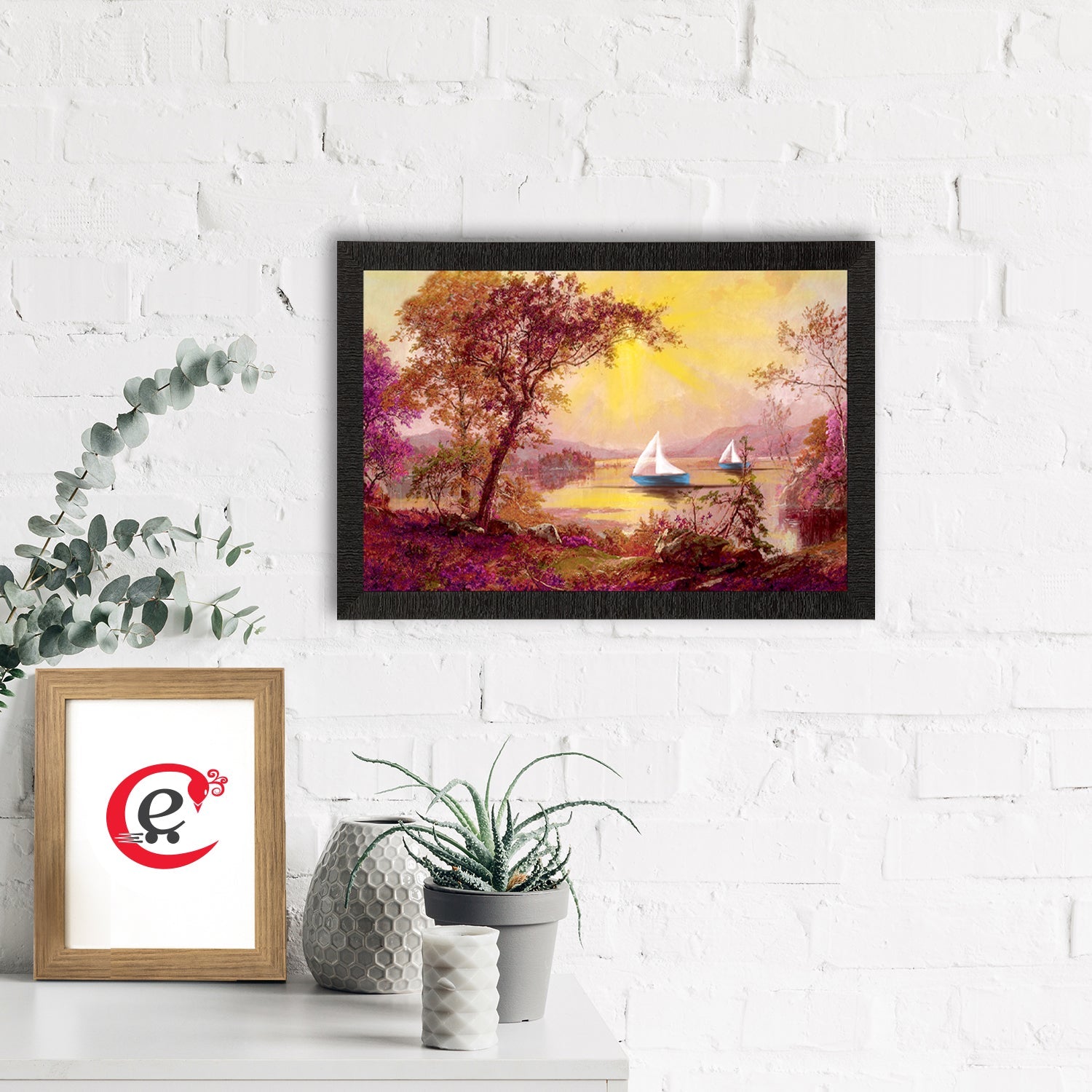 Boats Under River Scenic View Satin Matt Texture UV Art Painting Kafalo