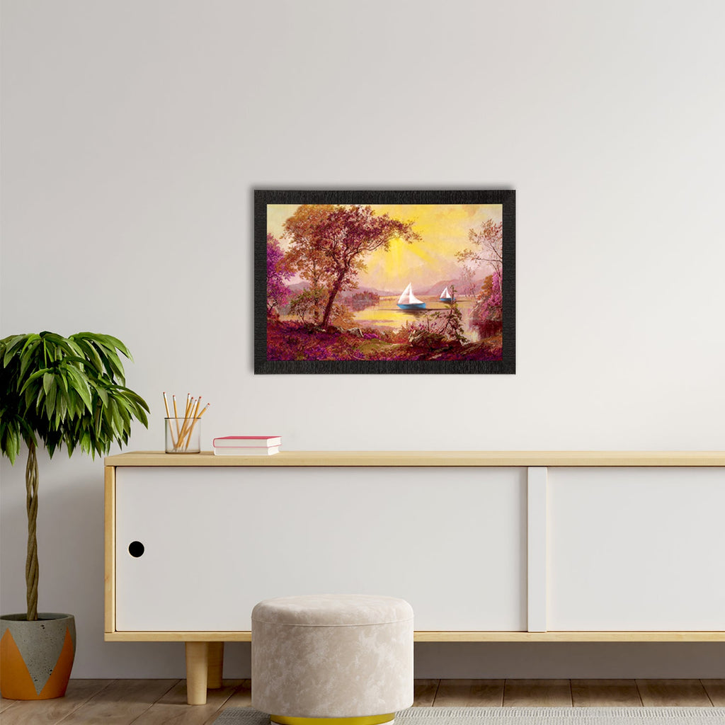 Boats Under River Scenic View Satin Matt Texture UV Art Painting Kafalo