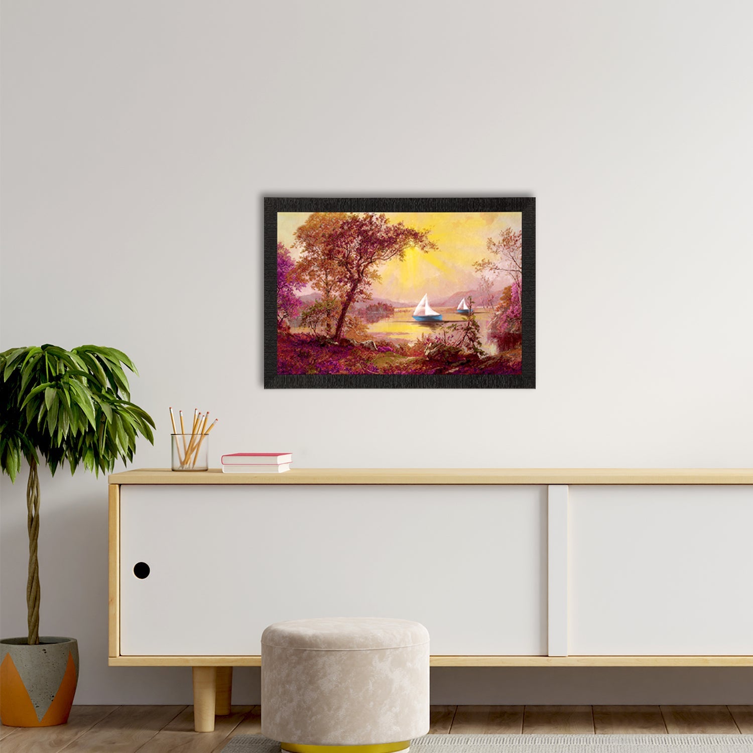 Boats Under River Scenic View Satin Matt Texture UV Art Painting Kafalo