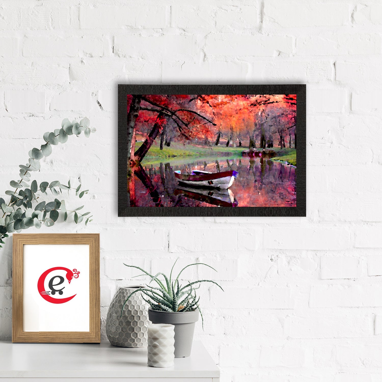Boat in Lake Scenic View Satin Matt Texture UV Art Painting Kafalo