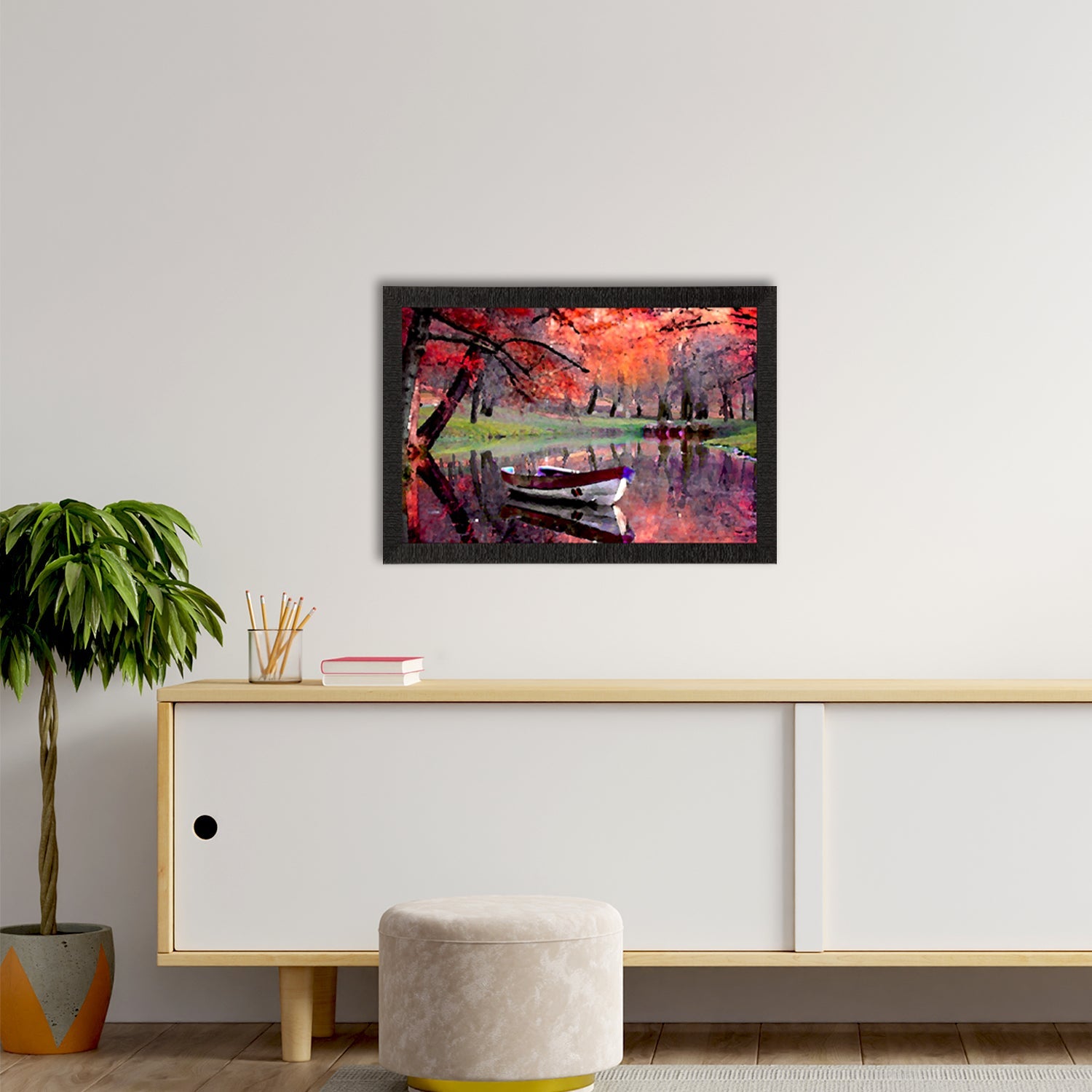 Boat in Lake Scenic View Satin Matt Texture UV Art Painting Kafalo