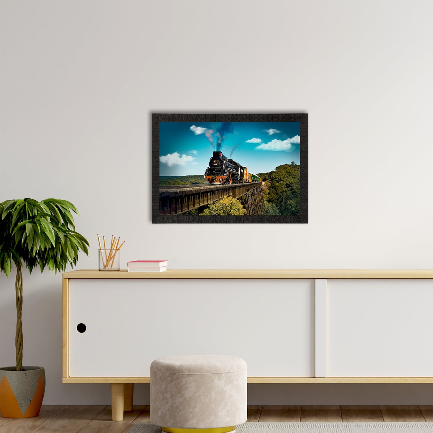 Running Train Over Bridge Scenic View Satin Matt Texture UV Art Painting Kafalo