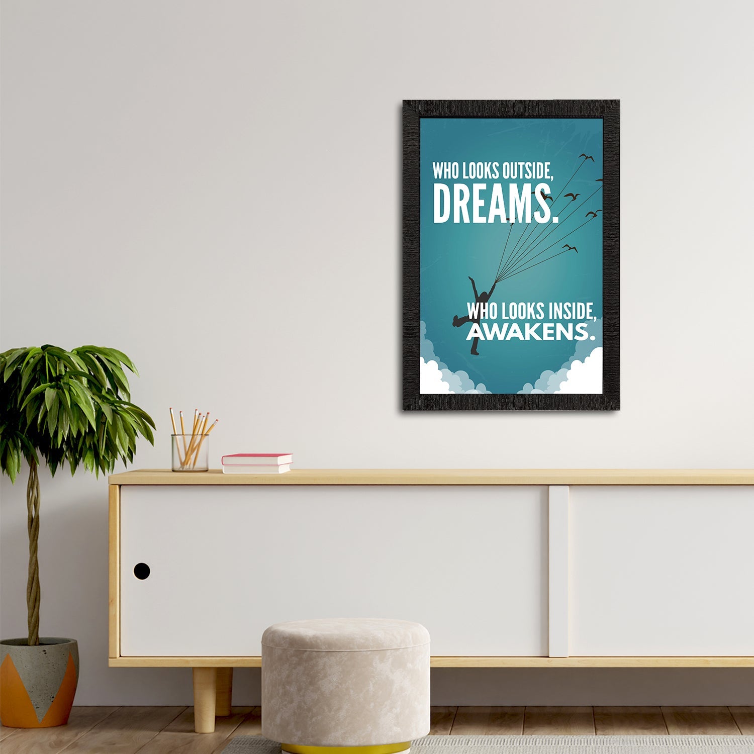"Who Looks Outside, Dreams. Who Looks Inside, Awakens." Motivational Quote Satin Matt Texture UV Art Painting Kafalo