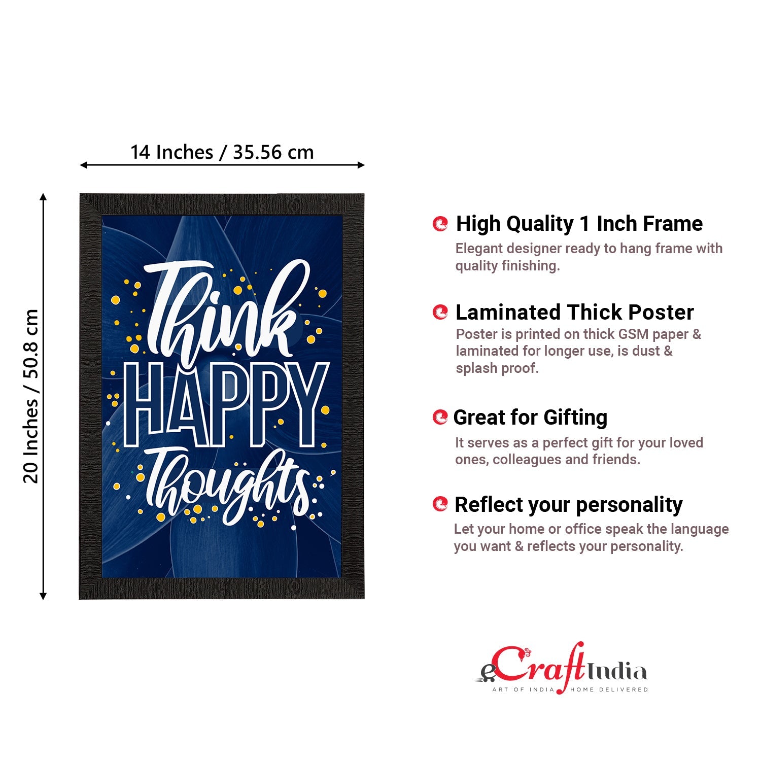 "Think Happy Thoughts" Motivational Quote Satin Matt Texture UV Art Painting Kafalo