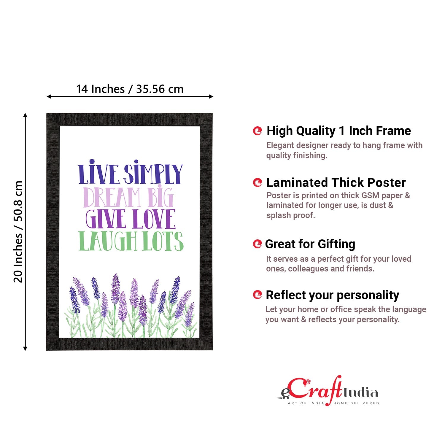 "Live Simply Dream Big Give Love Laugh Lots" Motivational Quote Satin Matt Texture UV Art Painting Kafalo
