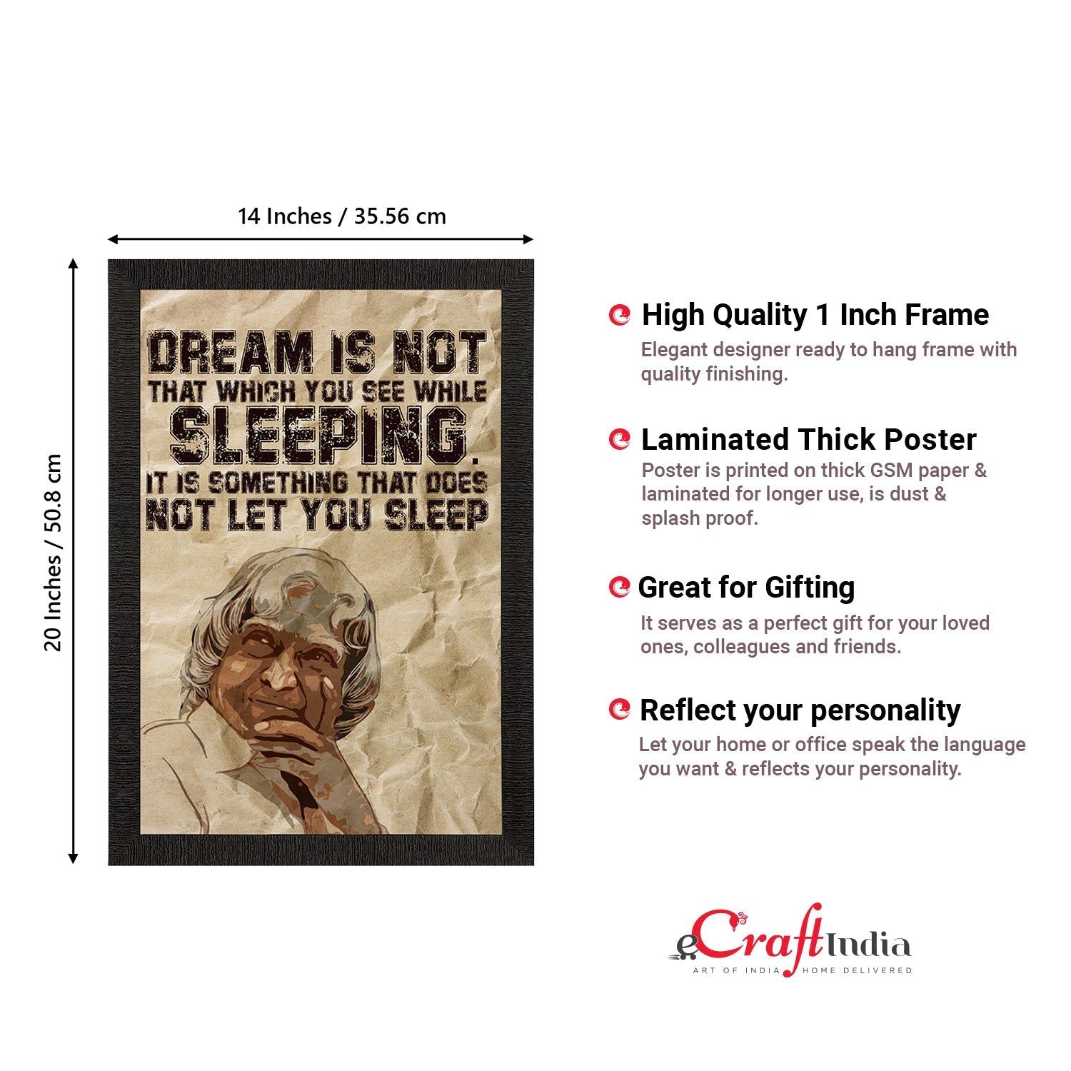 "DREAM is not that which you see while SLEEPING, It is something that doesn't let you sleep" A. P. J. Abdul Kalam Motivational Quote Satin Matt Texture UV Art Painting Kafalo