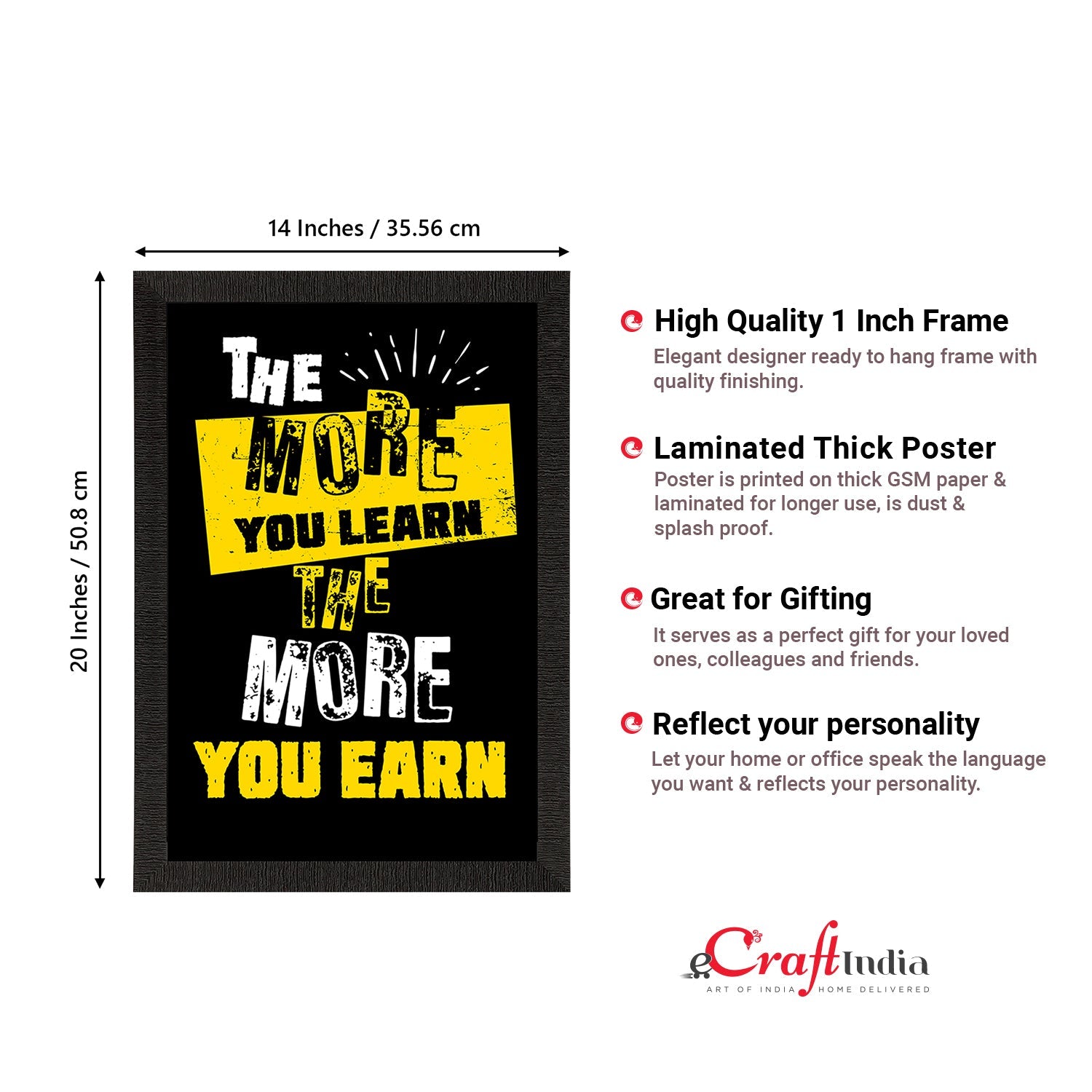 "The More You LEARN The More You EARN" Motivational Quote Satin Matt Texture UV Art Painting Kafalo