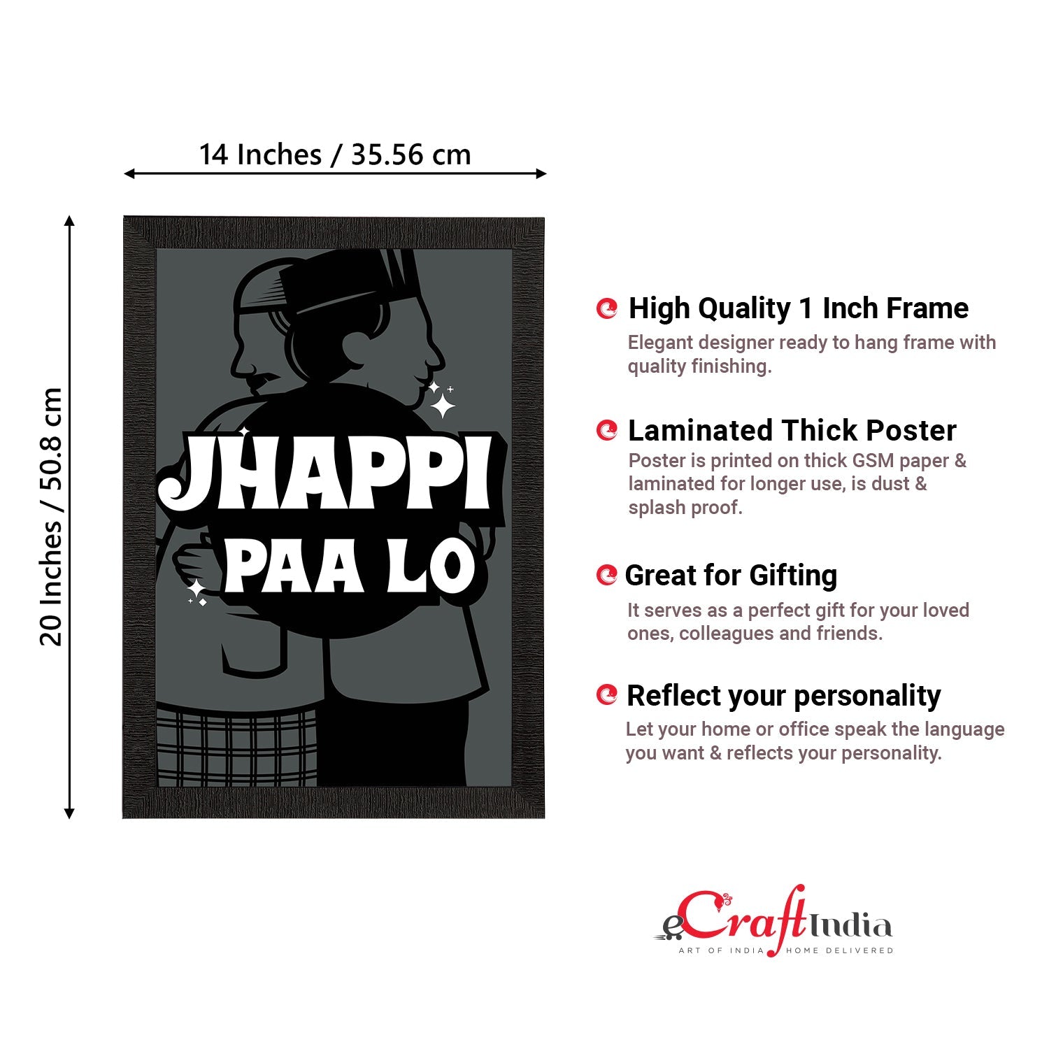 "Jhappi Paa Lo" Quirky Quote Satin Matt Texture UV Art Painting Kafalo