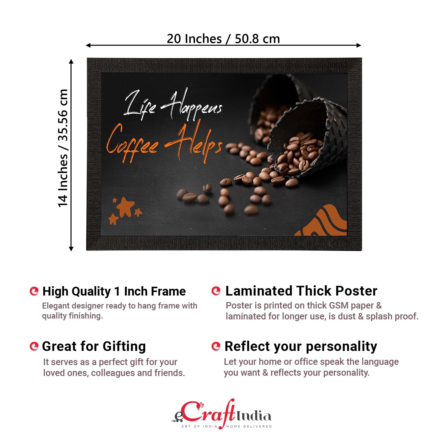 "Life Happens Coffee Helps" Motivational Quote Satin Matt Texture UV Art Painting Kafalo