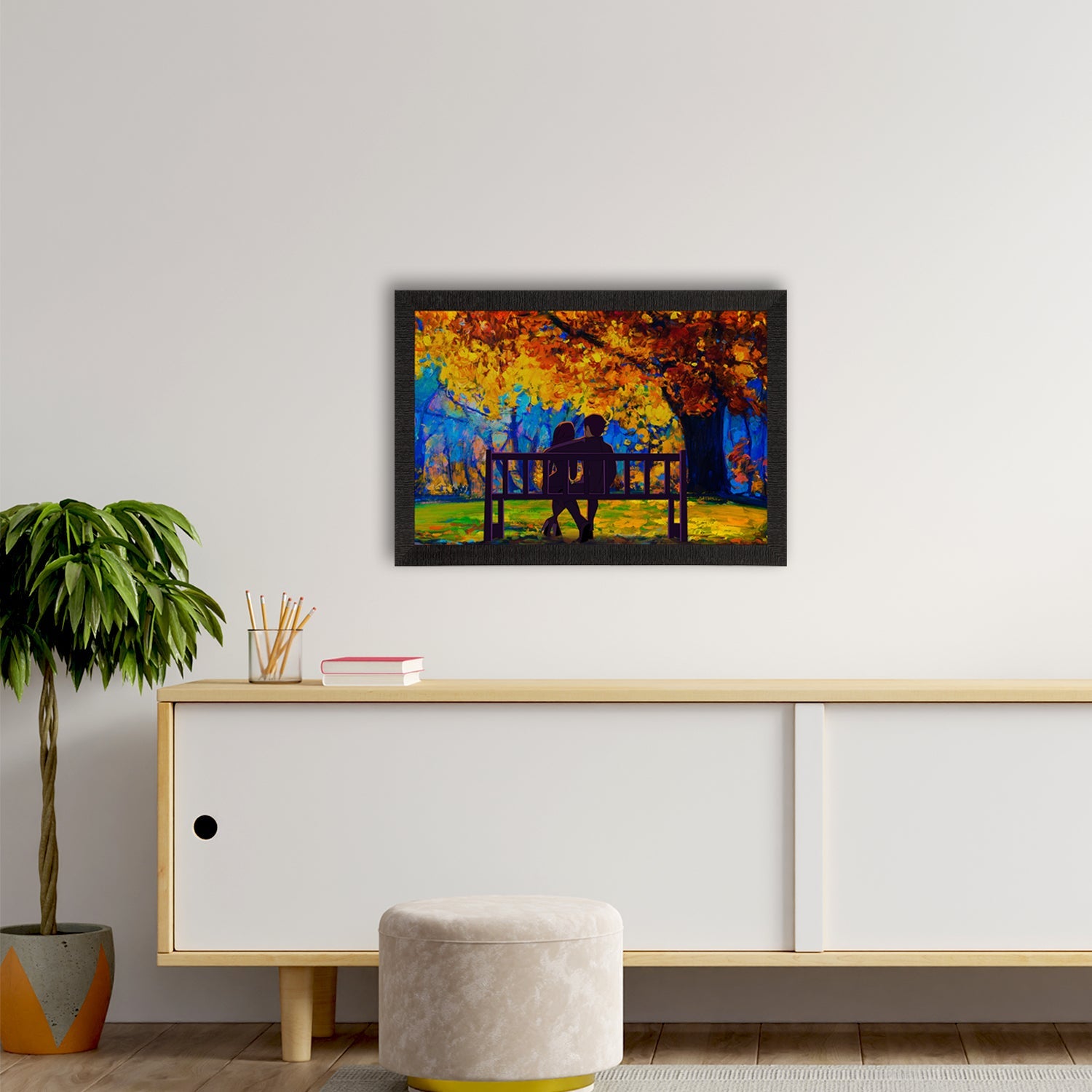 Romantic Couple Sitting on Bench Valentine Theme Satin Matt Texture UV Art Painting Kafalo