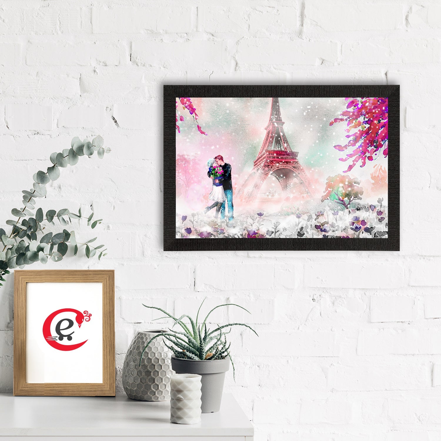 Kissing Romantic Couple In Front of Eiffel Tower Valentine Theme Satin Matt Texture UV Art Painting Kafalo