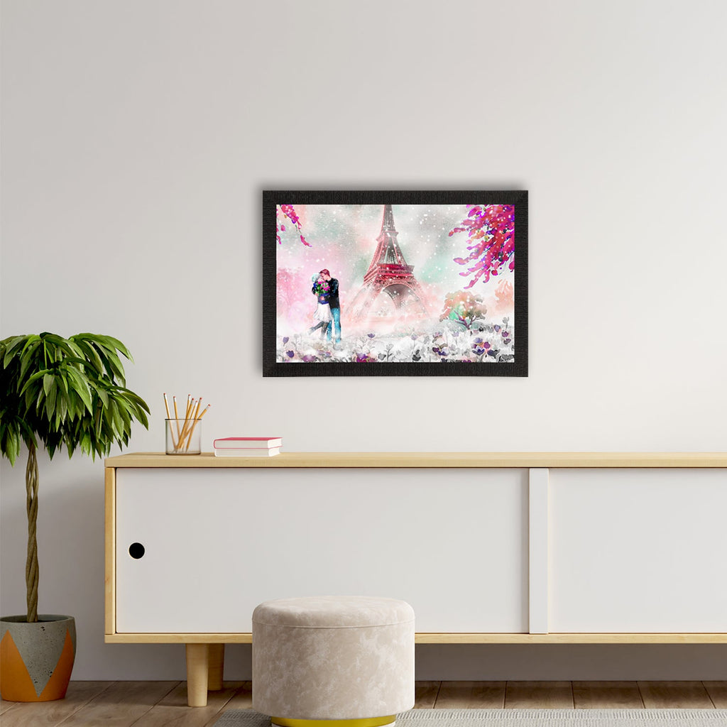 Kissing Romantic Couple In Front of Eiffel Tower Valentine Theme Satin Matt Texture UV Art Painting Kafalo