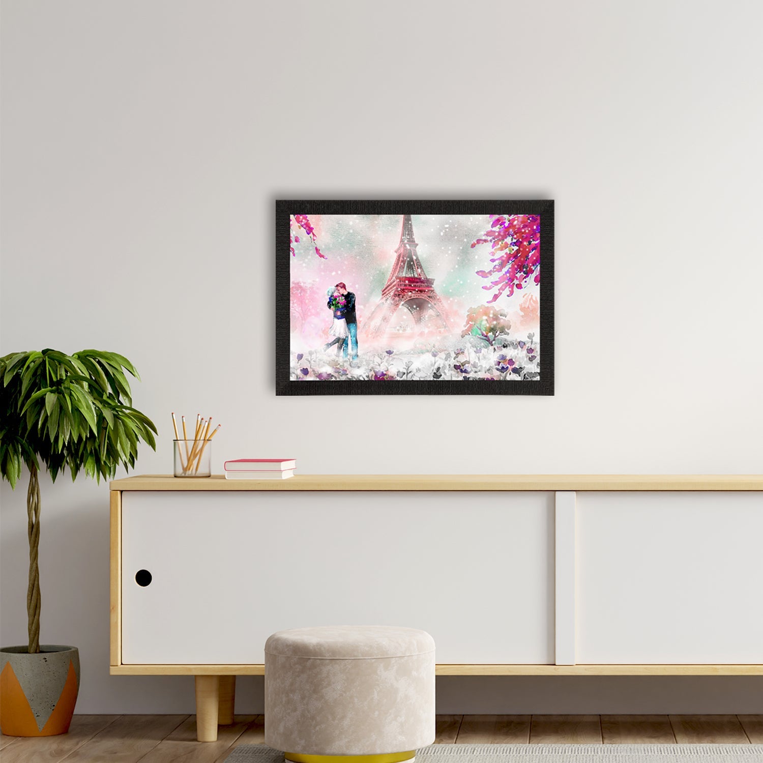 Kissing Romantic Couple In Front of Eiffel Tower Valentine Theme Satin Matt Texture UV Art Painting Kafalo