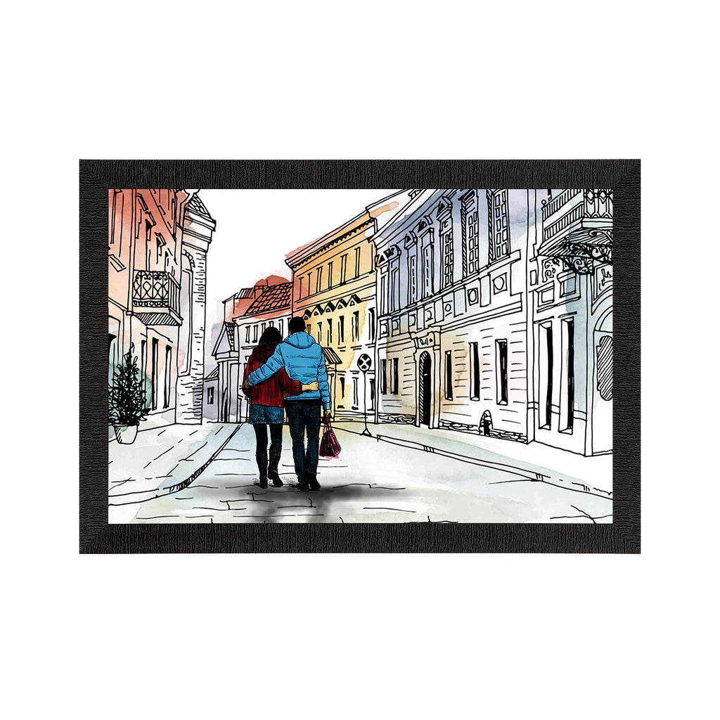 Romantic Couple Walking on Streets Valentine Theme Satin Matt Texture UV Art Painting Kafalo