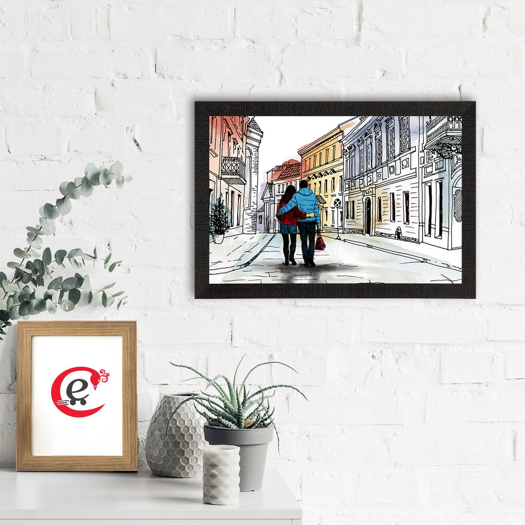 Romantic Couple Walking on Streets Valentine Theme Satin Matt Texture UV Art Painting Kafalo