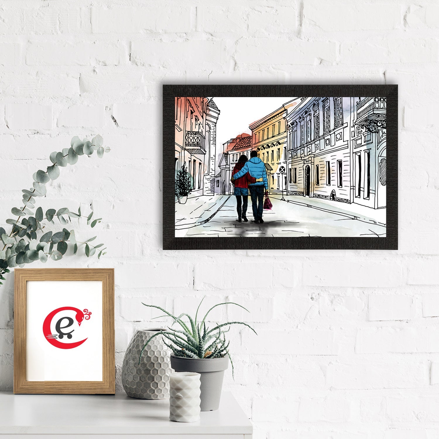 Romantic Couple Walking on Streets Valentine Theme Satin Matt Texture UV Art Painting Kafalo
