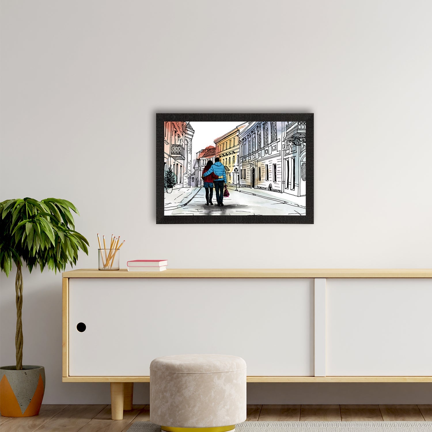 Romantic Couple Walking on Streets Valentine Theme Satin Matt Texture UV Art Painting Kafalo