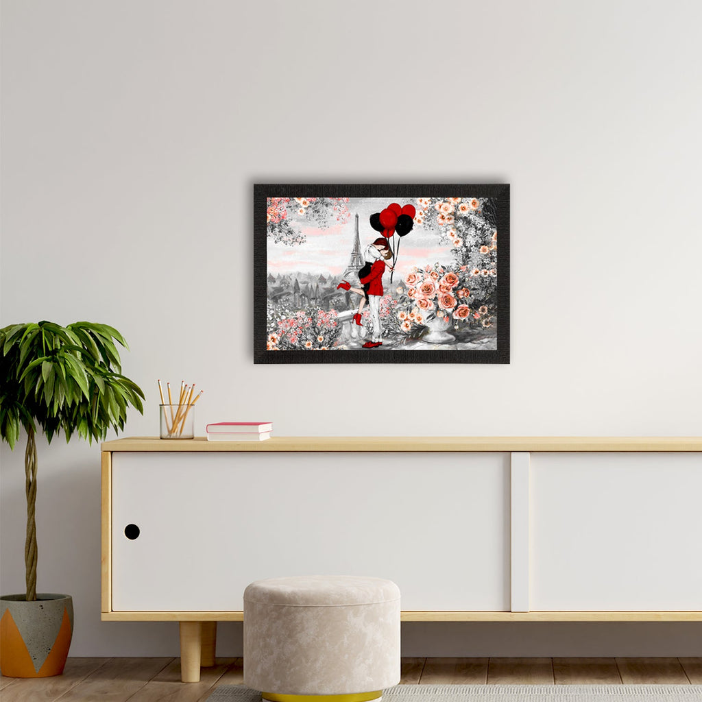 Kissing Romantic Couple In Front of Eiffel Tower Valentine Theme Satin Matt Texture UV Art Painting Kafalo