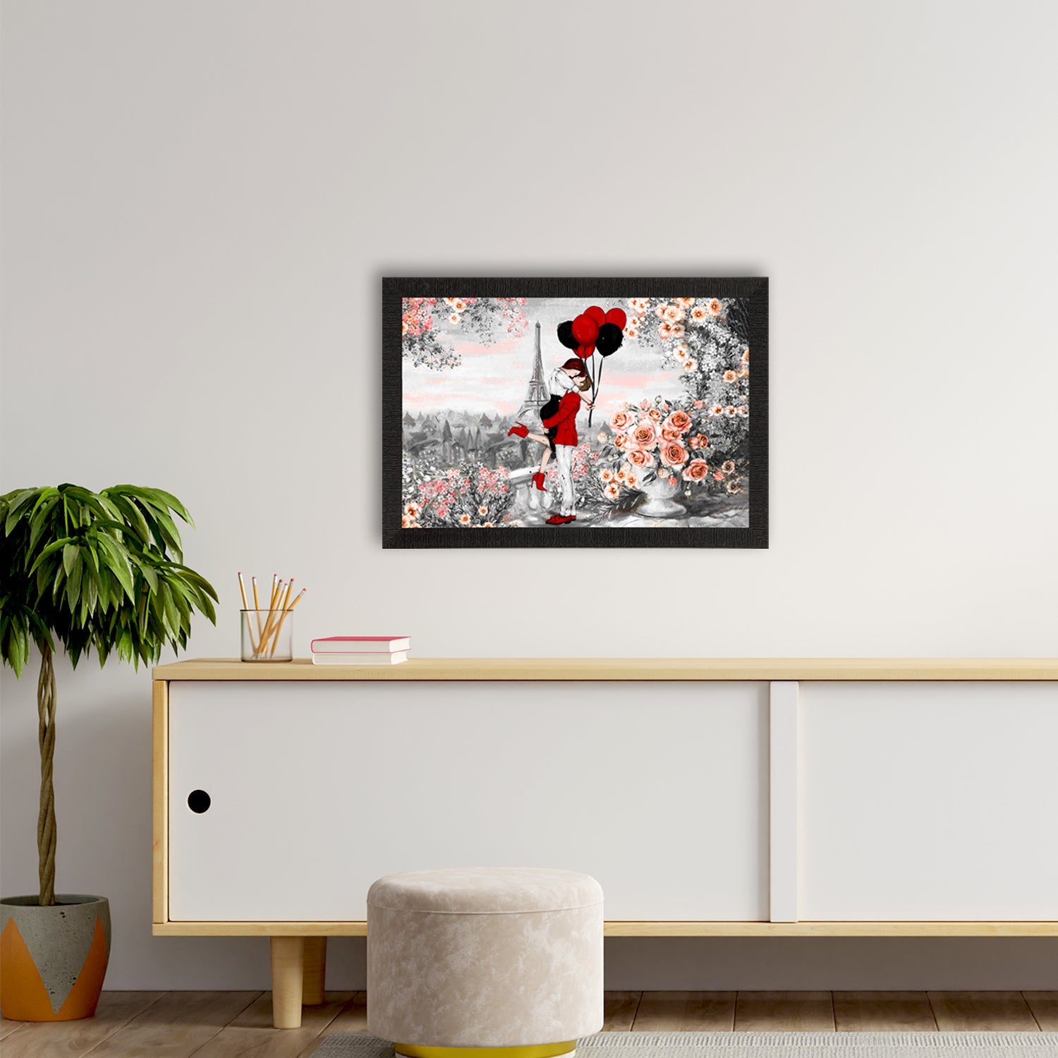 Kissing Romantic Couple In Front of Eiffel Tower Valentine Theme Satin Matt Texture UV Art Painting Kafalo