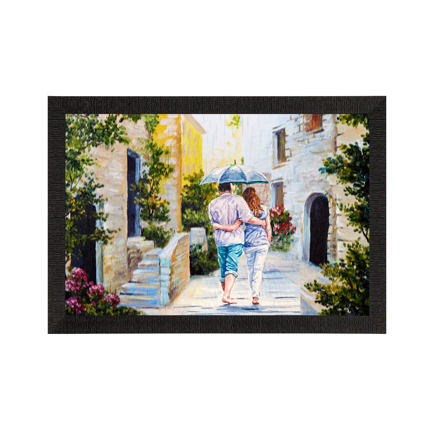 Romantic Couple Walking wit Umbrella Valentine Theme Satin Matt Texture UV Art Painting Kafalo