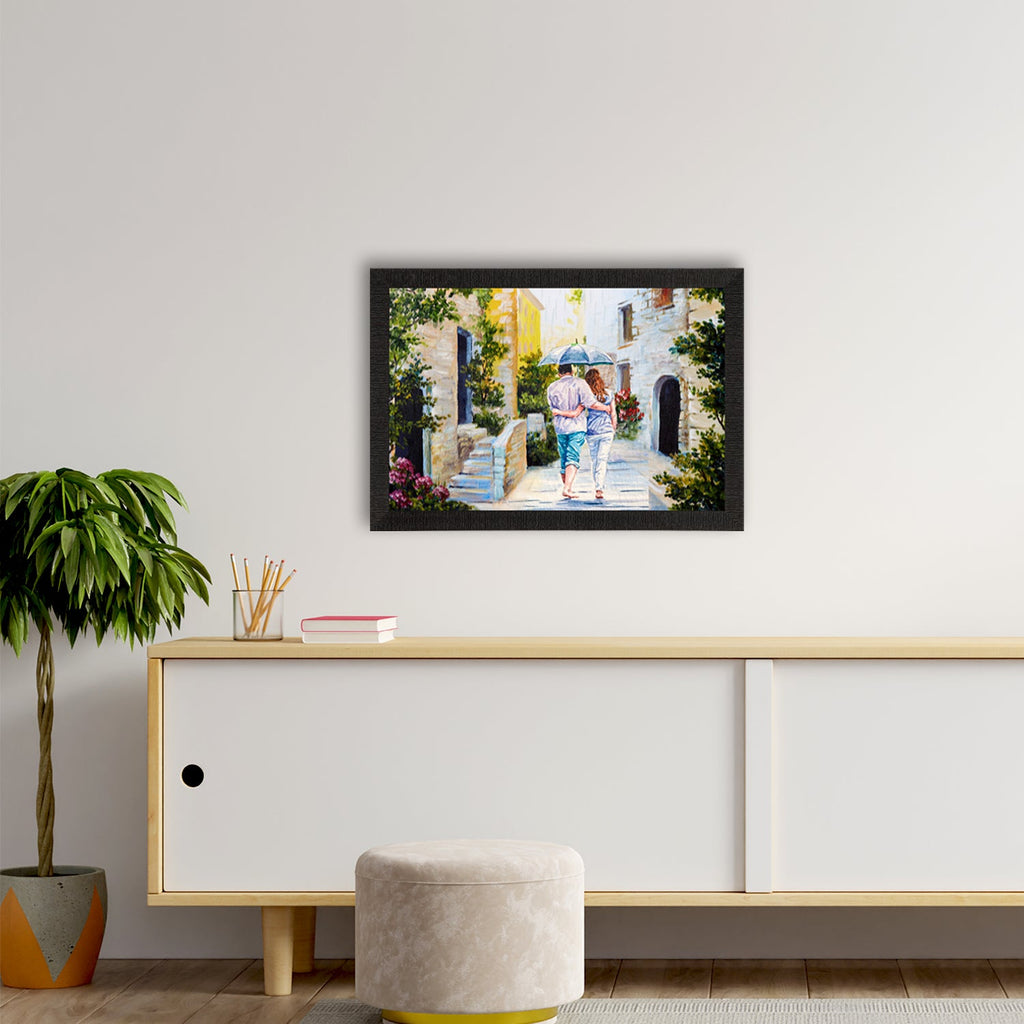 Romantic Couple Walking wit Umbrella Valentine Theme Satin Matt Texture UV Art Painting Kafalo